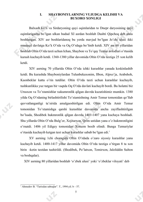 xon tarbiyasida bо’ladi. keyinchalik temuriy amirlardan biri, turkiston hokimi muhammad mazid tarxon homiyligida bir qancha vaqt turkistonda yashadi. turkiston urushlar girdobida qolgan bir vaqtda shayboniyxon ukasi bilan sulton axmad mirzo panoxida buxoroda yashadi va ilm oldi. xv asr 90 -iillarida muhammad shayboniyxon dashti qipchoqqa bordi va siyosiy kurashlarga qо’shilib ketdi. u bir necha yil davomida kurash olib bordi va toshkentdagi hukmdorlar yordamida dashti qipchoqda mustahkam о’rnashib oldi. keyinchalik, sayram va yassini qо’lga kiritilgach, butun turkistonda hokimiyatni qо’lga kiritdi. 1498 yilda sulton axmad mirzo vafotidan sо’ng samarqandga yurish qildi, uni qо’lga kirita olmagach, qarshiga yurish qildi va shahrisabz bilan birga talon -taroj etdi. 1499 yilda samarqandda qilgan yurishi yana muvaffaqiyatsizlikka uchragach, buxoroga yurish qildi va uch kunlik qamaldan sо’ng uni qо’lga kiritdi. 1500 yilda muhammad shayboniyxon yana samarqandga yurish qildi va uni bosib olib, tо’rt oy davomida talon qildi. bu samarqandliklarning shayboniyxonga qarshi qо’zg’oloni sabab bо’ldi va ular 19 yoshli temuriy …