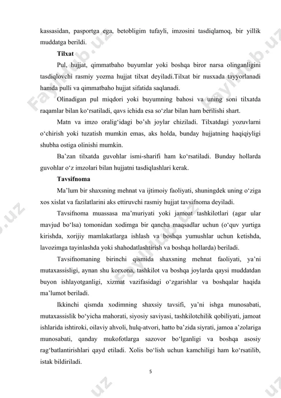 iqlik darajasini ifodalovchi leksik-grammatik vositalar, yasama sifatlar faol ishlatiladi. shuningdek, shaxs harakat-holatining belgisini ifodalov­chi ravishlardan o‘rinli foydalanish talab qilinadi. tavsifnomada tavsiflanayotgan shaxs haqidagi malumotlar bir-biridan vergul bilan ajratib yoziladi. masalan: ...ning 2- bosqich talabasi, 1988-yilda tug‘ilgan, o‘zbek... kabi. 2-topshiriq. tavsifnoma matnini o‘qing. bobur mirzayev o‘rta maktabni a’io baholar bilan tugatgach, 2006-yilda toshkent kimyo-texnologiya institutining “neft va neft-gazni qayta ishlash” yo‘nalishiga hujjat topshirdi va test savollaridan yuqori ball to‘plab, o‘qishga qabul qilindi. o‘qishga kirgan dastlabki kunlardan boshlab o‘z qobiliyati bilan boshqa talabalardan ajralib turdi. barcha fanlardan yaxshi o‘zlashtirish ko‘rsatkichlariga ega bo‘ldi. jamoat ishlarida faol qatnasha boshladi. institut «kamolot» yoshlar ijtimoiy harakati a’zosi sifatida talabalar o‘rtasida bir qator ma’naviy-ma’rifiy tadbirlarni o‘tkazdi. u ingliz tilini yaxshi biladi, erkin gaplasha oladi. bu tildagi ilmiy ma’ruzasi bilan institut fan haftaligida o‘tkazilgan anjumanda qatnashdi. ilmiy yo’nalishdagi ma’ruzasi buyuk britaniyaning manchestr universiteti rahbariyati tomonidan munosib taqdirlandi. u – yaxshi sportchi. fakultet futbol jamoasi a’zosi. bobur mirzayev o‘z …