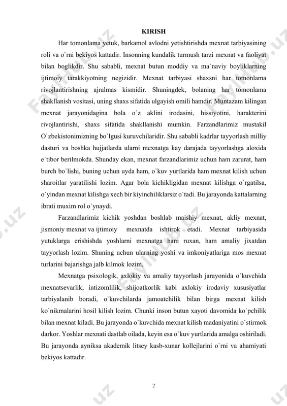 ko`nikmalarini hosil kilish lozim. chunki inson butun xayoti davomida ko`pchilik bilan mexnat kiladi. bu jarayonda o`kuvchida mexnat kilish madaniyatini o`stirmok darkor. yoshlar mexnati dastlab oilada, keyin esa o`kuv yurtlarida amalga oshiriladi. bu jarayonda ayniksa akademik litsey kasb-xunar kollejlarini o`rni va ahamiyati bekiyos kattadir. 1. kasb etikasi nima uchun kerak va u qanday maqsadlarda o’rganiladi etika bo’yicha izohli lug’atda ushbu tushuncha ma’nosi quyidagicha: “kasb etikasi” (yoki kasbiy axloq) –bu odamlarning kasb faoliyatidan kelib chiqadigan o’zaro munosabatlarining axloqiy xarakterini ta’minlaydigan qonuniyatlardir”. bunday qonuniyatlarning kelib chiqishi va rivojlanishi inson axloqi yo’nalishlaridan birini aks ettiradi, chunki ular shaxs qadrini va shaxslararo munosabatlarda odamiylikning yuzaga kelishiga yordam beradi. axloqiy talablar umumiy bo’lishiga qaramay, ba’zi bir kasbiy faoliyatlarni olib borishda alohida xulq-atvor normalari vujudga kelmoqda. masalan, tibbiyot xodimi o’z amaliyotidagi qiyinchiliklarga qaramasdan, insonning jismoniy va ma’naviy sog’lig’i uchun kurashishi va kerak bo’lsa, bunda o’zini ham ayamasligi lozim. tibbiyot etikasi doirasiga kasallikni oshkora qilmaslik, hayot uchun muhim …