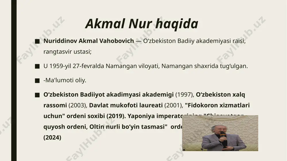 eyarli barchasining peshtoqida xattotlik yozuvlarini ko‘rishimiz mumkin. lekin ming afsuski, biz uni o‘qiy olmaymiz. shaxsan men o‘qiy olmayman, ajdodlarimiz qoldirgan merosni o‘qiy olmasak, tushuna olmasak, demak, bu – savodsizlik», deya ta’kidladi o‘zbekiston respublikasi badiiy akademiyasi raisi. “yo’l” asari haqida yo‘l” – inson hayoti davomida qaror va tanlovlarni ifodalaydigan ramz. har bir yo‘lning boshlanishi va yakuni bo‘ladi, lekin u o‘zining yangi yo‘nalishlariga ega. inson hayotdagi qiyinchiliklarni yengib, o‘z maqsadiga erishadi. markaziy g‘oya: har bir inson o‘z yo‘lini ongli ravishda tanlashi lozim. hayotda sabr-toqat, mehnat va maqsadga intilish muhim. til va uslub: qisqa, ammo mazmunli jumlalar. she'riy ohangda yozilgan. ramzlar: yo‘l – hayot. tog‘ – maqsadga erishish uchun harakat. suv – yangilanish va poklanish. anqidiy qarashlar ijobiy tomonlari: hayot haqidagi universal haqiqatlarni ramzlar orqali ifodalash. inson hayotining har bir jihatini falsafiy mushohadalar bilan yoritish. akmal nurning ijoddagi o’rni “yo‘l” – uning ijodiy faoliyatidagi eng teran falsafiy asarlardan biri. bu asar inson qalbining …