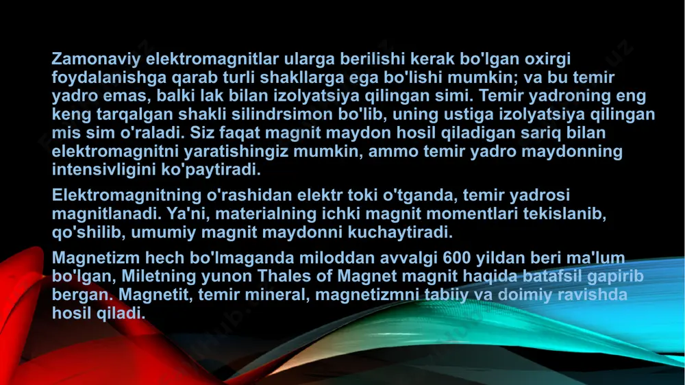 ko'p bo'lsa. elektromagnitlar plastmassa yoki boshqa materiallar o'rniga lak bilan izolyatsiya qilingan kabeldan foydalanganligining yana bir sababi bu qalinlik qo'shadi. v elektromagnit solenoid yoki silindrsimon elektromagnitda magnit maydon intensivligi quyidagi bog'liqlik bilan beriladi: b = m⋅n⋅i bu erda b - bu magnit maydon (yoki magnit induktsiya), bu xalqaro tizimning birliklarida teslada o'lchanadi, m - yadroning magnit o'tkazuvchanligi, n - burilish zichligi yoki metrga aylanish soni va oxir-oqibat oqim i amperda (a) o'lchanadigan sariq orqali aylanadigan. temir yadrosining magnit o'tkazuvchanligi uning qotishmasiga bog'liq va odatda havo o'tkazuvchanligining 200 dan 5000 baravarigacha. olingan maydon temir yadrosiz elektromagnitga nisbatan xuddi shu omilga ko'paytiriladi. havoning o'tkazuvchanligi taxminan vakuumga teng, u m0= 1,26×10-6 t * m / a. image2.png image1.png /docprops/thumbnail.jpeg