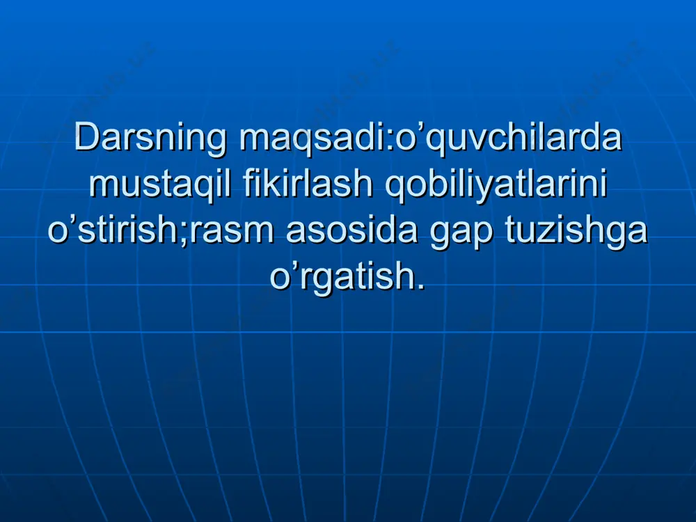 hlash. 72-mashq shartiga ko’ra bajariladi. she’rdagi gaplar qanday mazmun-maqsadni bildirayotgani aniqlanadi.avval so’roq,so’ngra his-hayajon bilan aytilgan gaplar ko’chirilib yoziladi. savollar orqali she’rning mazmuni yoritiladi. -ammasi dildoradan nimani so’radi? -dildora nima deb javob qildi? -yana qanday gaplar bor? -ular nima haqida? avval so’roq gaplarni, so’ngra his-hayajon bilan aytilgan gaplar javobi yozdiriladi. 6.test mashg’uloti: 1.xabar mazmunini bildirgan gap qaysi? a)biram mazali non ekan! b)kelajakda kim bo’lmoqchisiz? d)tandirda non yopiladi. testning javobini bolalar kartochkalar orqali ko’rsatadilar. 7.darsni mustahkamlash. gaplar turli mazmun-maqsadda qo’llanadi. ular xabar, darak, so’rash, his-hayajonni ifodalaydi. 8.uyga vazifa: 73-mashq. matnda nechta gap borligi, gaplarning turi, ular qanday mazmun anglatishi ko’rib chiqiladi. mashqning ikkinchi shartini bolalar uyda bajaradilar.