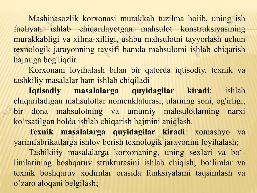 pital xarajatlaming ta’minot hajmi, mahsulotning tannarxi, mehnat unumdorligi. ishlab chiqarish dasturiga quyidagilar ilova qilinadi: detallaming ishchi chizmalari; uzellar va mahsulotning yig'ma chizmasi; mahsulotning umumiy ko'rinishdagí chizmasi; detallar spetsifikasi; konstruksiya bayoni, rasmlari; tayyorlash va topshirish uchun texnik shartlar. loyihalash bosqlchlari sanoat korxonasi, binolari va qunlmalarini loyihalash ikki bosqichda bajariladi. loyihalashning birinchi bosqichi - loyiha topshirig ini ishlab chiqish, ikkinchi bosqich - tasdiqlangan loyiha topshirig'i asosida ishchi chizmalami ishlab chiqish individual loyiha bo‘yicha sanoat korxonasini qurish uchun loyiha topshirig'i quyidagi qismlardan iborat bo‘ladi: texnik-iqtisodiy qism; bosh reja va transport; texnologik qism; qurilish qismi; qurilishni tashkil qilish; smetd hujjatlari. yuqoridagi loyiha topshirig'i qismlarining tarkibi quyidagicha boiadi: texnik - iqtisodiy qism: korxonani qurish uchun tanlangan joyni, ishlab chiqarish quwati, dasturi va korxona tarkibini asoslash; korxonani asosiy material resurslari bo'yicha ta’minlash usuli va ta’minlovchilar haqida ma’lumot; korxonani xomashyo, yoqilg'i va energetik bazalari tavsifi; asosiy va yordamchi ishlab chiqarishlarni maxsuslashtirish va kooperatsiya masalalarini asoslash; mehnat unumdorligi, …