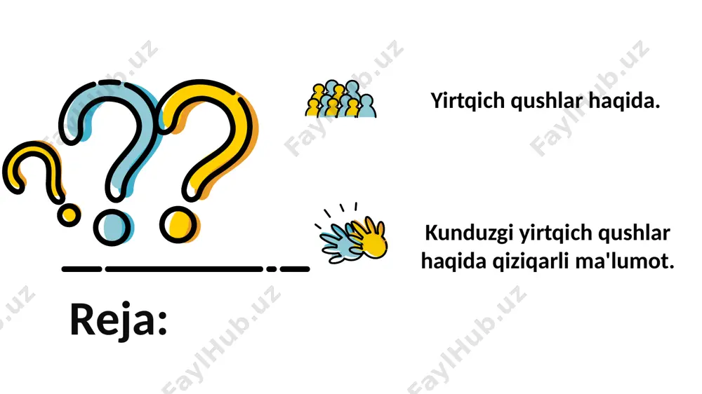 title goes here title goes here title goes here title goes here title text addition title text addition title text addition title text addition the teaching process tasqara – o‘lkamizda uchraydigan qushlarning eng yirigi. tanasining uzunligi 1,5 m ga, qanotlarini yozganda kengligi 3m gacha yetadi; uning og‘irligi 6–12 kg, boshi va bo‘ynidagi patlari juda siyrak bo‘ladi. tasqarani uchganida keng va uzun qanotlaridagi oqish patlarini panjasimon yozilishiga qarab bilish mumkin. u havoda uzoq vaqt qanot qoqmasdan ucha oladi, lekin yerda beso‘naqay qadam tashlaydi. tasqara hayvonlarning o‘laksasi bilan oziqlanadi. sayhonlik ustida soatlab uchib, o‘laksa izlaydi. tasqaraning tirnoqlari kuchsiz bo‘lganidan tirik hayvonlarga hujum qilolmaydi. lekin juda kuchli, uchi qayrilgan tumshug‘i bilan hayvonlar terisini yirta olad title text addition title text addition the user can demonstrate on a projector or computer, or print the presentation and make it film title text addition the user can demonstrate on a projector or computer, or print the …