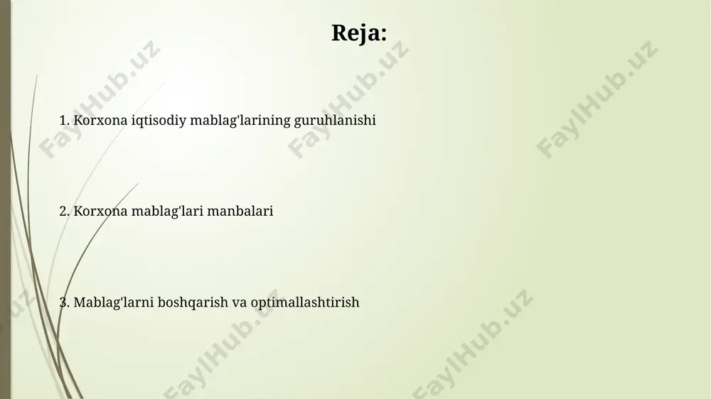 o'lchanadi. kredit resurslaridan foydalanish kredit resurslaridan foydalanish rentabellik ko'rsatkichi, kamida 15% bo'lgan, yuqori rentabelli loyihalarda kapital oqimini oshirishga imkon beradi. kredit resurslaridan foydalanish korxonaning likvidligini baholashda muhim, bunda qisqa muddatli kreditlar 3 oydan kam bo'lgan davrda qaytarilishi lozim. mablagʻlar aylanishi mablagʻlar aylanish tezligi moliyaviy samaradorlik koʻrsatkichi boʻlib, 1 yil davomida mablagʻlar necha marta aylanib oʻtganini koʻrsatadi. yuqori koʻrsatkich, masalan 8-10 marta, resurslardan samarali foydalanishni anglatadi. mablagʻlar aylanish davri — bu pulning mahsulotga aylanishi va qayta pulga transformatsiya boʻlishi uchun ketadigan vaqt. misol uchun, 60 kunlik aylanish muddati yaxshi koʻrsatkich hisoblanadi. qarz mablagʻlari qarz mablagʻlari korxona balansida majburiyatlar sifatida qayd etiladi, ularning muddati bir yildan kam boʻlgan qismi qisqa muddatli, undan oshigʻi esa uzoq muddatli qarz sifatida tasniflanadi. qarz mablagʻlari aylanma mablagʻlar tarkibi aylanma mablagʻlar tarkibi aylanma mablagʻlar tarkibiga ishlab chiqarish zahiralari, tugallanmagan ishlab chiqarish, kelgusi davr xarajatlari va 1 yilgacha boʻlgan debitorlik qarzlari kabi 5 asosiy elementlar kiradi. ularning har …