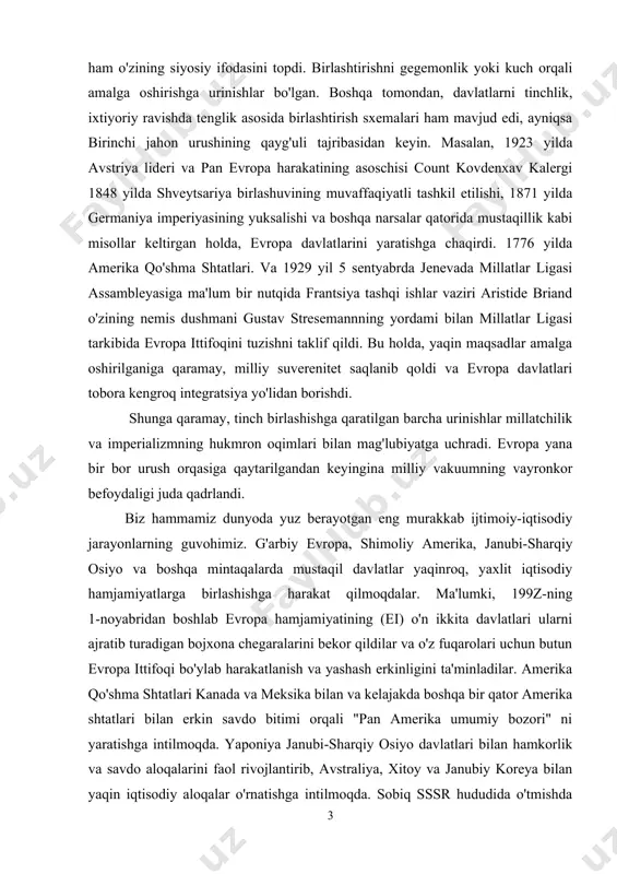 guvohimiz. g'arbiy evropa, shimoliy amerika, janubi-sharqiy osiyo va boshqa mintaqalarda mustaqil davlatlar yaqinroq, yaxlit iqtisodiy hamjamiyatlarga birlashishga harakat qilmoqdalar. ma'lumki, 199z-ning 1-noyabridan boshlab evropa hamjamiyatining (ei) o'n ikkita davlatlari ularni ajratib turadigan bojxona chegaralarini bekor qildilar va o'z fuqarolari uchun butun evropa ittifoqi bo'ylab harakatlanish va yashash erkinligini ta'minladilar. amerika qo'shma shtatlari kanada va meksika bilan va kelajakda boshqa bir qator amerika shtatlari bilan erkin savdo bitimi orqali "pan amerika umumiy bozori" ni yaratishga intilmoqda. yaponiya janubi-sharqiy osiyo davlatlari bilan hamkorlik va savdo aloqalarini faol rivojlantirib, avstraliya, xitoy va janubiy koreya bilan yaqin iqtisodiy aloqalar o'rnatishga intilmoqda. sobiq sssr hududida o'tmishda yagona iqtisodiy makonning parchalanishi va chegaralanishi jarayonlari davom etmoqda. mustaqil hamdo'stlikning barcha yangi mustaqil davlatlari iqtisodiyotida sssrning yagona davlat sifatida mavjudligi to'xtatilishi munosabati bilan, ko'p tuzilmali iqtisodiyotni yaratishga va bozor munosabatlarini rivojlantirishga qaratilgan inqiroz jarayonlari, inqiroz jarayonlari tobora kuchayib bormoqda. ular ishlab chiqarish va aylanma, moliyaviy va pul tizimlari, …