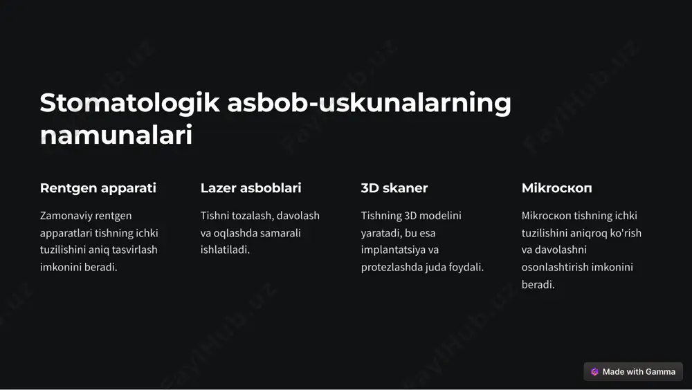 ologik materiallarni klinik sharoitda tekshirish 1 1. tishni tayyorlash materiallar tishga qo'llanilishi uchun tish tozalanadi. 2 2. materiallarni qo'llash materiallar tishga qo'llaniladi. 3 3. kuzatish tishda materillarni qo'llash natijasi kuzatiladi. 4 4. baholash kuzatish natijalariga asoslanib materillar baholanadi. https://gamma.app/?utm_source=made-with-gamma stomatologik materiallarga qo'yiladigan talablar 1 xavfsizlik materiallar organizmga zararli bo'lmasligi kerak. 2 chidamlilik materiallar tishga uzoq vaqt xizmat qilishi kerak. 3 estetika materiallar tishning tabiiy rangiga mos kelishi kerak. 4 funksionallik materiallar o'z vazifasini to'liq bajarishi kerak. https://gamma.app/?utm_source=made-with-gamma xulosa va tavsiyalar zamonaviy stomatologik asbob-uskunalar va materiallar stomatologiyada yuqori sifatli davolanishni ta'minlash imkonini beradi. shu bilan birga, stomatologik materiallarni tanlashda xavfsizlik, chidamlilik, estetika va funksionallik kabi mezonlarga e'tibor berish kerak. https://gamma.app/?utm_source=made-with-gamma
