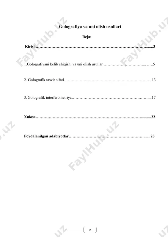 nlik bilan 3d,5d va 7d kinolar yaratila boshladi. bir qarashda bizni taajubga soluvchi bunday kinolar aslida fizik qonunlarga asoslangandir,ya’ni bularning hammasi golografiya qonunlari asosida yaratilayotgan yangiliklardir. golografik tasvirlarning bizga qulaylik tomonlari juda ko’p. hozirda ko’pgina yevropa mamlakatlari bu soha anchagina ildamlab ketgan va bu soha bizda ham yaxshigina yo’lga qo’yilmoqda. keling, golografiya o’zi nimaligi haqida ozgina tasavvurga ega bo’laylik. mavzuning dolzarbligi: bugungi kunda galografiyaning o’rnini nihoyatta beqiyos ekanligini ko’rsatib berish va yuqori sifatli 3d va 7d tasvirlarni yasash uchun galografik interferometrlarning bugungi kun uchun nihoyatta kerakligini ko’rsatib berish. bugungi kunda yuqori sifatli galografiya asosida ishlovchi qurulmalarni yaratish dolzarb muammolardan biridir. mavzuning maqsadi: kurs ishining maqsadi golografiyani fotografiyadan farqini ko’rsatish va yuqori sifatli golografik tasvir olish usullari bilan tanishtirish. mavzuning vazifalari: kurs ishi maqsadini amalga oshirish uchun quyidagi vazifalar belgilandi: - golografiya haqida atroflicha malumot berish; - golografik tasvir olish usullari bilan tanishtirish; - golografik interferometriya haqida malumot berish; 1.golografiyani kelib …