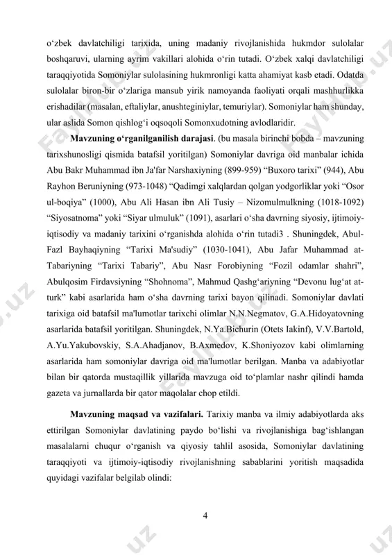rosonda somoniylar davlatining tashkil topishi ijtimoiy-iqtisodiy va xo’jalik hayoti. 1.1. movaraunnahr va xurosonda somoniylar davlatining tashkil topishi. yurtimiz tarixida ajralmas sahifa sifatida e'tirof etiladigan somoniylar davri shunisi bilan ajralib turadiki, bu davrda o‘lkada tinchlik siyosati hukmron bo‘lgan va ilm-fan, madaniyat gullab yashnagan. ushbu davrda o‘lkamizdan mashhur mutafakkir olim ibn sino, islom ilmlarida katta shuhrat qozongan ilohiyotchi olim abu mansur moturidiy kabi o‘nlab allomalar yashab ijod qilgan. shuningdek, ushbu davrda o‘lkamizda islomiy ilmlar taraqqiy etgan va ko‘plab ilm markazlari, jumladan “dor al-juzjoniya”, “dor al-iyodiya”, “buxoro fiqh maktabi” kabi maktablar faoliyat olib borgan. ushbu davr yana shunisi bilan ajralib turadiki, bu davrda o‘lkada millatlararo o‘zaro totuvlik, e'tiqodiy xurlik va diniy bag‘rikenglik barqaror bo‘lgan[footnoteref:2]. mazkur kurs ishida qariyb bir yarim asr davomida movarounnahrda mustahkam imperiya sifatida hukmronlik qilgan somoniylar davridagi shu barqarorlik tarixi haqida ma'lumot berishni maqsad qildik. somoniylar davlatida ix asrning oxirlarida ijtimoiy-siyosiy va iqtisodiy sohalarda muhim o‘zgarishlar yuz bergani va bir …