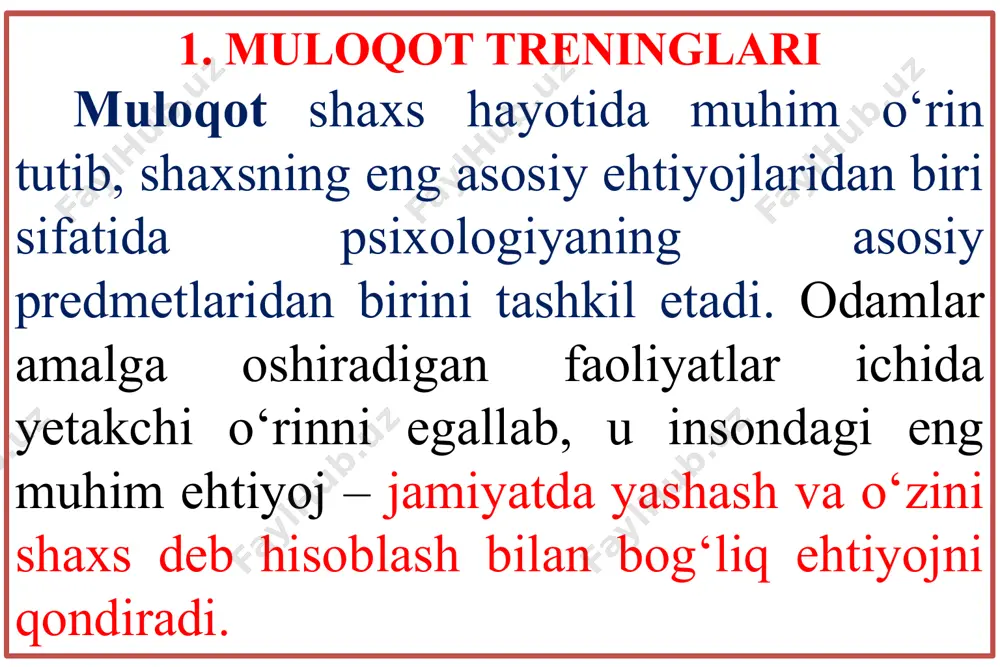 akt o‘rnatish bosqichi. kontakt o‘rnatish bosqichi. bunda har bir ishtirokchi “qarshimdagi odam kim?” degan savolga javob bera oladigan savollarni bilishi lozim. umuman shaxs o‘z qarshisidagi odam, ya’ni suhbatdoshi haqida imkon darajasida ko‘proq ma’lumotga ega bo‘lishi lozim. psixologik adabiyotlarda ta’kidlanishicha, muloqotga kirishayotgan odam haqida hech bo‘lmaganda 5-7 tagacha ma’lumotga ega bo‘lish maqsadga muvofiqdir. agar odam suhbatdoshi haqida quyidagilarni bilsa, u bilan kontakt o‘rnatishi oson kechadi: muloqotga kirishayotgan odamning ismi mutaxasssligi (kasbining o‘ziga yoqadigan va yoqmaydigan tomonlari) oilaviy ahvoli u qadrlaydigan insoniy sifatlar qiziqishi yoki xobbisi. sog‘ligi haqidagi ma’lumotlar bu ma’lumotlar qatori qanchalik ko‘p bo‘lsa, shuncha yaxshi, chunki suhbatdosh haqida ma’lumotlarning ko‘pligi samarali muloqot o‘rnatishning kafolati hisoblanadi. demak, har qanday odam muvaffaqiyatli muloqotga kirishish uchun suhbatdoshi haqida ko‘proq ma’lumot bilishi talab etiladi. samarali muloqotni tashkil qilishda e’tiborga olinishi lozim bo‘lgan yana bir holat shundan iboratki, bunda trening ishtirokchilari “qarshimdagi odam qanday holatda?” degan savolga javob bilishi talab etiladi. bunda kishining salomatligi, kayfiyati, …