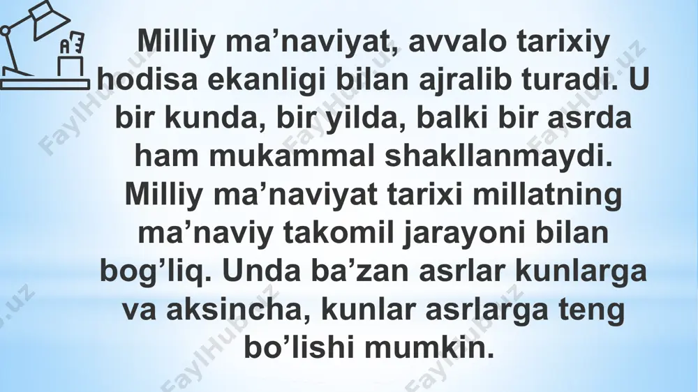 digan ishlarimiz, rejayu istiqbol dasturlarimiz, taʼlim-tarbiya va kadrlar siyosati, investitsion siyosat — barchasi unga sharoit va muhit yaratishga qaratilmogʻi lozim. “renessans” lugʻaviy fransuzcha “qayta tugʻilish” degan maʼnoni anglatadi. atama sifatida uning mazmuni ancha keng: madaniyatda, ilm-fanda, sanʼatda, taʼlim-tarbiyada, umuman, jamiyat hayotida uzoq muddatli turgʻunlikdan keyin qayta jonlanib, tez rivojlanishni, ijtimoiy ong va qadriyatlar tizimi yangi sifat bosqichiga chiqishini bildiradi. ilk bor atama yevropada oʻrta asrlar mutaassibligidan keyin 15-16 asrlardagi rivojlanish davriga nisbatan qoʻllanilgan. renessans atalmish mazkur ijtimoiy hodisa oʻzbek tiliga uygʻonish davri deb oʻgirilgan. avstriyalik atoqli sharqshunos adam mesning 1909-yilda “musulmon renessansi” nomli fundamental asari chop etilgan. shundan buyon renessans faqat yevropaga oid hodisa emasligi, uni sharq xalqlari yevropaliklarga nisbatan avvalroq boshdan kechirgani toʻgʻrisidagi qarashlar va tadqiqotlar paydo boʻla boshladi. xv asrdan renessans yevropaga siljidi. bu paytga kelib yevropa 300 —350-yil davomida islom olimlari, jumladan, bizning buyuk ajdodlarimiz asarlarini, ayniqsa, xorazmiy, fargʻoniy va ibn sino asarlarini lotinchaga oʻgirib, chuqur oʻzlashtirib …