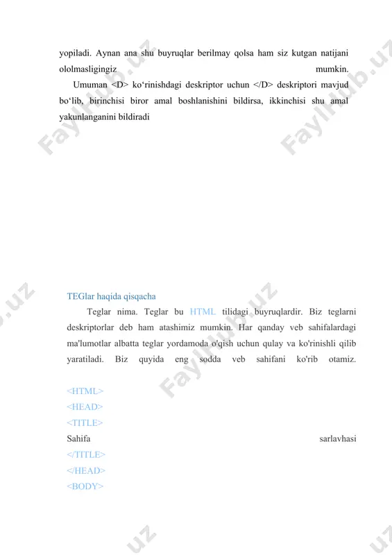 yozilishi shart. - asosan shrift yoki stillar, ko'pincha biz foydalanadigan skriptlar head tegi orasida jolashtiriladi. - sahifaning sarlavhasi title tegi orasiga olib yozilsa albatta natija olish mumkin. - hamma ma'lumotlar - matnlar, rasmlar va shu kabi ma'lumot beruvchi ob'ektlar tana qismi body - tegi orasida joylashtiriladi. endi tekstlar bilan ishlashni ko'rib chiqamiz. biz sahifamizga ma'lumotlarning asosiy qismini tekst sifatida qo'yamiz. shuning uchun tekstlarni tartib bilan chiroyli dizaynda namoyish etish sahifaning o'qimishli bo'lishiga yordam beradi. tekstlar yozilishi qatorida yangi qatordan, abzatsdan yozilishi mumkin. buning uchun demak tekstlarga rang tanlash ham alohida nozik did talab qiladi. biz tekstga va teglaridan foydalanamiz. textni qalin, yotiq va tagiga chizilgan holda yozish uchun , va telari orasida yozish kifoya. tekst orqali boshqa sahifaga yo'l korsatmoqchi bo'lsangiz albatta href tegida foydalanasiz. misol uchun www.connect.uz ko'rinishda yo'l ko'rsatsak albatta www.connect.uz sahifasi ochiladi. yana tekstlarni har-xil sarlavhalarda ham yozish mumkin. biz albatta sahifa yaratishda jadvallardan ham foydalanamiz. buning …