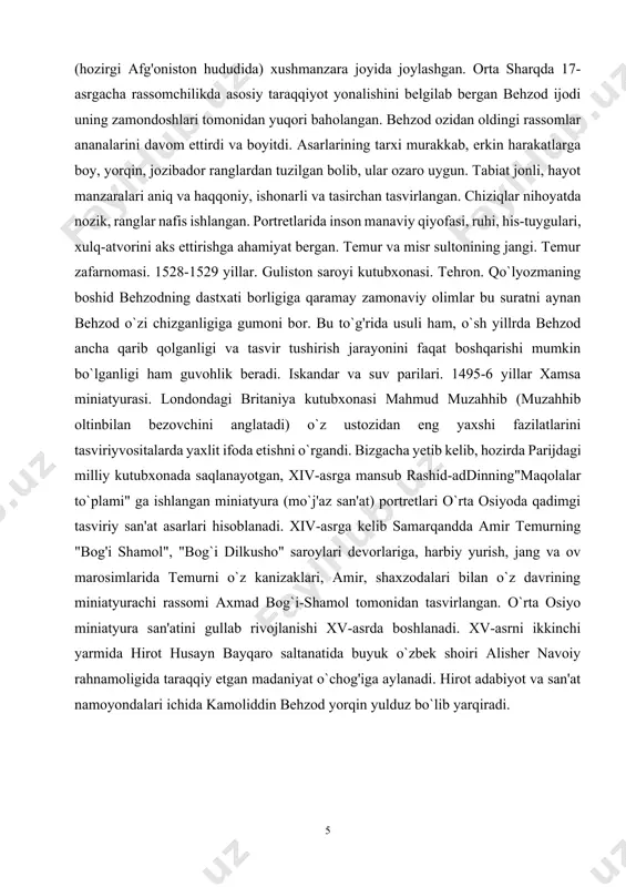 oxirida ona shaxri - hirotga qaytgan va shu yerda vafot etgan. musavvirning qabri kohi muxtorning (hozirgi afg'oniston hududida) xushmanzara joyida joylashgan. orta sharqda 17-asrgacha rassomchilikda asosiy taraqqiyot yonalishini belgilab bergan behzod ijodi uning zamondoshlari tomonidan yuqori baholangan. behzod ozidan oldingi rassomlar ananalarini davom ettirdi va boyitdi. asarlarining tarxi murakkab, erkin harakatlarga boy, yorqin, jozibador ranglardan tuzilgan bolib, ular ozaro uygun. tabiat jonli, hayot manzaralari aniq va haqqoniy, ishonarli va tasirchan tasvirlangan. chiziqlar nihoyatda nozik, ranglar nafis ishlangan. portretlarida inson manaviy qiyofasi, ruhi, his-tuygulari, xulq-atvorini aks ettirishga ahamiyat bergan. temur va misr sultonining jangi. temur zafarnomasi. 1528-1529 yillar. guliston saroyi kutubxonasi. tehron. qo`lyozmaning boshid behzodning dastxati borligiga qaramay zamonaviy olimlar bu suratni aynan behzod o`zi chizganligiga gumoni bor. bu to`g'rida usuli ham, o`sh yillrda behzod ancha qarib qolganligi va tasvir tushirish jarayonini faqat boshqarishi mumkin bo`lganligi ham guvohlik beradi. iskandar va suv parilari. 1495-6 yillar xamsa miniatyurasi. londondagi britaniya kutubxonasi mahmud …
