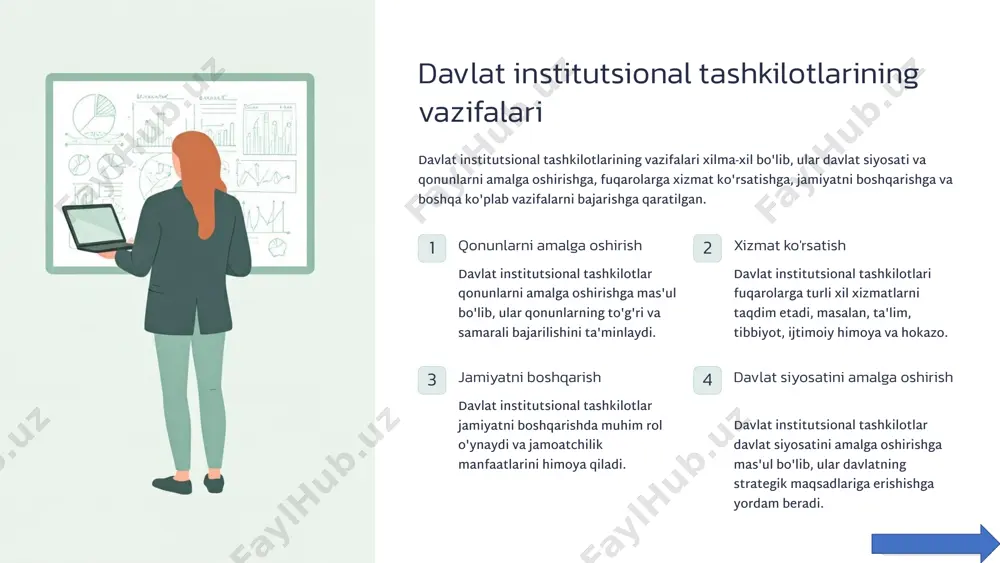 nfratuzilmasi bazasida shakllanadi; o‘lchash standartlarini ishlab chiqish: davlatning ushbu yo‘nalishdagi faoliyati almashinadigan tovar va xizmatlar sifatini o‘lchash xarajatlarini pasaytirish imkonini beradi, yanada keng ma’noda esa universal chora-tadbirlar jumlasiga davlat tomonidan pul muomalasining tashkil etilishi ham kiradi, chunki almashuvning universal tadbir – pulning eng muhim vazifalaridan biri; tovar va xizmatlar bilan jismoniy almashish tarmoqlari va mexanizmlarini barpo etish: bozor infratuzilmasi nafaqat axborot bilan almashish tarmoqlari, balki tovar va xizmatlarning jismoniy harakatlanishi tarmoqlari (transport tarmoqlari, savdolar uchun uyushgan maydonchalar va h.k.)ni o‘z ichiga oladi; huquqni muhofaza qilish faoliyati va nizolarda «uchinchi» tomon rolini bajarish: shartnomalarni bajarishda kutilmagan holatlarning paydo bo‘lishi sharnoma tomonlarining ulardan opportunistik foydalanishidan kafolatlash uchun «uchinchi» tomon (sud)ning aralashuvini talab etadi; sof ijtimoiy farovonlikni yaratish «chiptasiz» muammosini keltirib chiqaradi, bu uni moliyalash uchun davlat tomonidan majburlov choralaridan foydalanishni talab etadi (birinchi navbatda mudofa, keyin sog‘liqni saqlash va ta’lim singari ijtimoiy farovonlikni yaratish). davlat rivojlanishining yuqorida keltirilgan bosqichlariga davlat tuzilishining quyidagi …