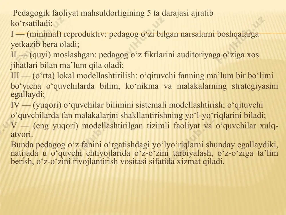 va, e.g‘.g‘oziyev va boshqalarning ishlarini namuna sifatida sanab o’tish joiz. l.ya.kolominskiy o‘z tadqiqotida o‘qituvchining o‘quvchilarga munosabati so’zsiz muallim mehnati muvaffaqiyatlarida hal qiluvchi rol o‘ynashini ta’kidlagan edi. uning fikricha, bu pedagogik mahoratning muhim tomoni bo‘lib, o‘qituvchi bilan o'quvchilarning o‘zaro munosabati ko‘p jihatdan aynan mana shu jarayonga bog‘liqdir. qator tadqiqotlarda esa o‘qituvchi va o‘quvchilarning pedagogik muomaladagi turli xil jihatlarini baholash holati ham o‘rganilgan. o’qituvchiga nisbatan o‘smirlarning talab va umidlari chet el psixologlari tomonidan tadqiq qilingan bo‘lib, a.djersildning izlanishlariga binoan bolalar quyida qayd qilingan xarakterga ega bolgan o‘qituvchilarni afzal hisoblar ekanlar: 1) mehribon, quvnoq, javobgarlikni his qiluvchi, barqaror insoniy sifatli; 2) haqiqatgo‘y, batartib, halol, boshqalarni hurmat ko’rsatadigan, tashkilotchilik sifatidagi; 3) boshqalar manfaatini o‘ylaydigan, xalqparvar, sinf ishlarida o‘quvchilarga erkinlik huquqini beruvchi, qiziquvchan, ishtiyoqli va ishchan; 4) yoqimli ovozli, umumiy yoqimtoylik qiyofasidagi o‘qituvchi. rossiya psixologlaridan n.v. kuzmina, v. slastenin, f.n. gonobolin, o‘zbekistonlik psixologlardan r.z.gaynutdinov, m.g.davletshin, s. jalilova, a. jabborov, m. kaplanova va boshqalar tomonidan olib …