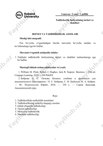 tadbirkorlik faoliyatining turlari va shakllari — DOC