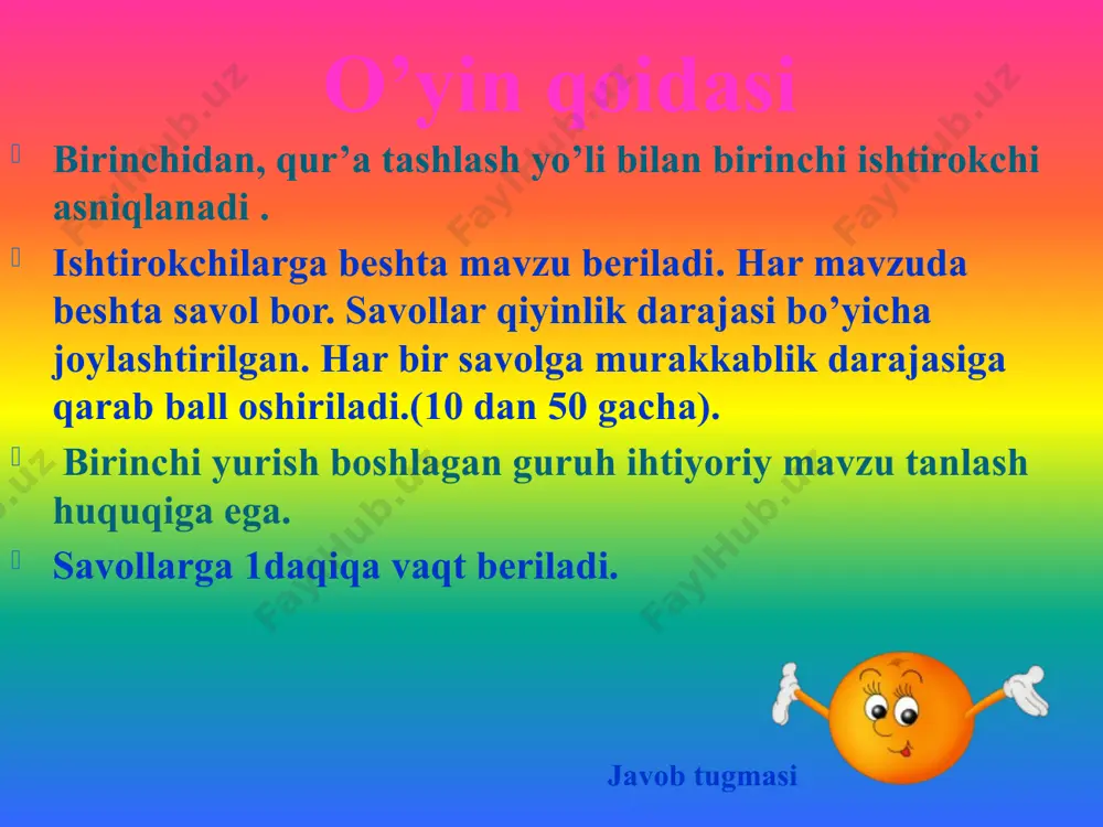 o’quvchi vazifani o’z vaqtida bajaradi. 1о ball yugurish foydali. gapidagi ega nima bilan ifodalangan? ega 1о ball yugurish- harakat nomi bilan. ega 2о ball birdan qo’shnining dod- voyi eshitildi. gapidagi egani toping? ega 2о ball dod-voy, otlashgan undov so’z ega mening opam ham talaba. gapida tire ishlatiladimi? 3о ball ega yo’q 3о ball ega ega 4о ball qo’l yugurigi oshga, til yugurigi boshga . egani toping ega 4о ball qo’l yugurigi, til yugurigi ega 5о ball nafsi yomon ayitda o’lar. gapidagi egani toping. ega 5о баллов nafsi yomon bahor kelsa, bulbullar sayraydi. kesimni aniqlang kesim 10 ball kesim 10 ball kelsa, sayraydi, nomustaqil, mustaqil. kesim 20 ball баллов xonadagi gullar juda chiroyli. gapidagi kesimni toping? kesim 20 ball chiroyli so’zi, ot kesim. kesim 30 ball men bog’dan kelsam, sen tog’dan kelasan. gapidagi kesimni toping? kesim 30 ball bog’dan kelsam, tog’dan kelasan. kesim 40 ball bu yer- ozbekiston milliy universiteti. gapidagi …