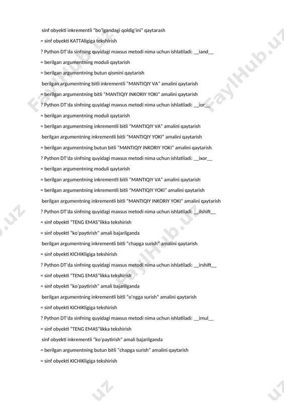 a pastga taqriblab bo’lish uchun ishlatiladi ? python dt’da sinfning quyidagi maxsus metodi nima uchun ishlatiladi: __imod__ = sinf obyetining xususiyatiga murojat qilganga ishga tushadu = sinf obyektini “pastga taqriblab bo’lish” amali bajarish sinf obyekti inkrementli “bo’lgandagi qoldig’ini” qaytarash = sinf obyekti kattaligiga tekshirish ? python dt’da sinfning quyidagi maxsus metodi nima uchun ishlatiladi: __iand__ = berilgan argumentning moduli qaytarish = berilgan argumentning butun qismini qaytarish berilgan argumentning bitli inkrementli “mantiqiy va” amalini qaytarish = berilgan argumentning bitli “mantiqiy inkoriy yoki” amalini qaytarish ? python dt’da sinfning quyidagi maxsus metodi nima uchun ishlatiladi: __ior__ = berilgan argumentning moduli qaytarish = berilgan argumentning inkrementli bitli “mantiqiy va” amalini qaytarish berilgan argumentning inkrementli bitli “mantiqiy yoki” amalini qaytarish = berilgan argumentning butun bitli “mantiqiy inkoriy yoki” amalini qaytarish ? python dt’da sinfning quyidagi maxsus metodi nima uchun ishlatiladi: __ixor__ = berilgan argumentning moduli qaytarish = berilgan argumentning inkrementli bitli “mantiqiy va” amalini …