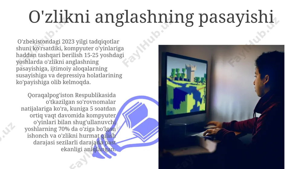 mustaqil fikrlashini cheklab, tayyor stsenariy va vazifalarga amal qilishga undaydi, bu esa toshkentdagi yoshlar orasida taqlid qilishni kuchaytiradi. millatga xos qadriyatlarning yo'qolishi samarqand viloyatida o'tkazilgan tadqiqotlarga ko'ra, kompyuter o'yinlariga haddan tashqari berilib ketish natijasida 1000 ta oilada 250 ta oilaviy nizolar kuzatilgan, bu esa oilaviy qadriyatlarning buzilishiga olib kelmoqda. kompyuter o'yinlarining 2000-yillardan keyingi jadal rivojlanishi natijasida o'zbekistonning qishloq joylarida 15-25 yosh oralig'idagi yoshlar orasida milliy an'analarga bo'lgan qiziqish sezilarli darajada pasaygan. kompyuter o'yinlarining manipulyativ usullari ko'plab onlayn o'yinlarda 24/7 rejimda o'ynashga undovchi dizayn elementlari, masalan, doimiy yangilanishlar va cheklangan vaqtli tadbirlar mavjud bo'lib, bu esa janubiy koreya kabi mamlakatlarda o'yin qaramligiga olib kelmoqda. kompyuter o'yinlarida 70% gacha gacha o'yinchilarni o'ziga bog'lash uchun "loot box" mexanizmi, ya'ni tasodifiy mukofotlar tizimi keng qo'llaniladi, bu esa aqsh va yevropa davlatlarida muhokama qilinmoqda. o'yinlardagi zo'ravonlik va shaxsga ta'siri o'yinlardagi zo'ravonlikning 2010-yildan 2020-yilgacha bo'lgan davrda aqshda 15 yoshgacha bo'lgan bolalar orasida tajovuzkorlik va agressiv xulq-atvor …