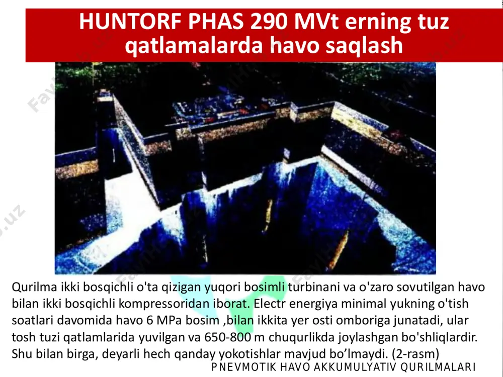 k havo akkumulyativ qurilmalari kanadaning thin red line aerospace kompaniyasi tomonidan ishlab chiqilgan va ishlab chiqarilgan ushbu sumkalarda butil kauchuk tsilindr va poliester bilan mustahkamlangan tashqi mato ishlatiladi. maxsus qoplamali po'lat yoki aramid kamarlar asosiy strukturaviy quvvatni ta'minlaydi. taxminan 600 m chuqurlikda, diametri 20 m bo'lgan bitta sumkada bosim 70 mvt / soat energiya to'plash uchun etarli bo'ladi. bu hozirgi ishlayotgan eng yirik dengiz turbinalaridan 14 soat elektr energiyasini ishlab chiqarishga teng. thin red line aerospace-dagi foidalanishi pnevmotik havo akkumulyativ qurilmalari buyuk britaniya 200 gvt quvvatga ega caes qurilmasini o'rnatishni maqsad qilishi kerak, faqat energiya yig'ish xarajatlari 0,2 milliard funtdan 2 milliard funtgacha, siqilgan havo omborlari qabul qilinishiga qarab. tegishli energiya konversion uskunalari qo'shimcha 10 milliard funt sterlinggacha mablag 'talab qilishi mumkin. 1.астахов ю. н. и др. накопители энергии в электрических системах: учеб, пособие для электроэнергетических спец. вузов/ ю. н. астахов, в. а. веников, а. г. тер-газарян.— москва: высш. шк., …