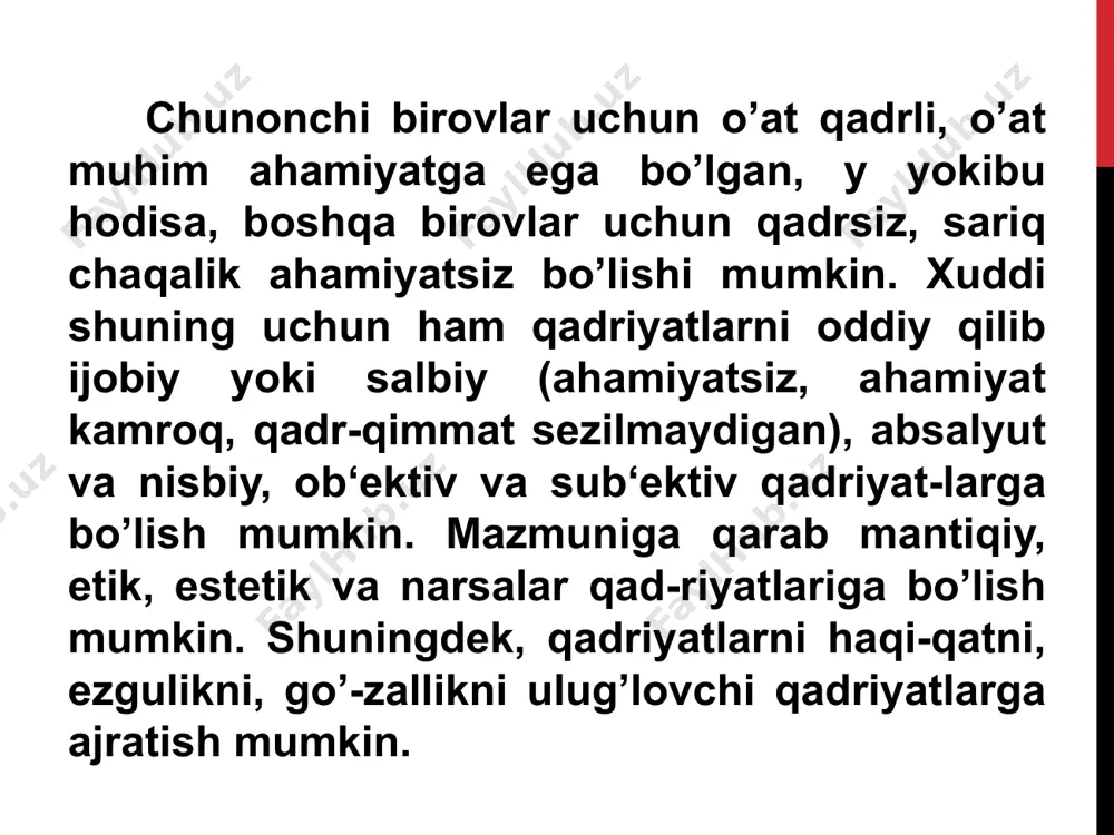 ydi. umuminsoniy qadriyatlar esa barcha millat vakillariga xos bo’lgan qadriyatlarni ifodalaydi. e’tiborlaringiz uchun raxmat! image2.jpeg image3.jpeg image4.jpeg image5.jpeg image6.jpeg image7.jpeg image8.jpeg /docprops/thumbnail.jpeg
