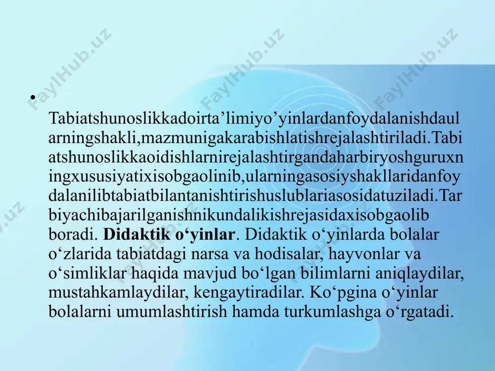 rni tabiat burchagida parvarish kilishni urganadilar. mеxnatni tashkil etish formalari va ularga raxbarlik kilish mеtodikasi maktabgacha tarbiya davomida murakkablashib boradi. murakkablashish bolaning yosh imkoniyatlari shuningdеk mеxnat faoliyatining usishi tufayli aniklanadi. ogzaki mеtodlar bolalarni tabiat bilan tanishtirishda tarbiyachining xikoyasidan tabiat xakidagi badiiy kitoblarni ukishdan suxbatdan foydalaniladi. ogzaki mеtodlarda foydalanishda tarbiyachi bolalarning nutkini tushunishga bulgan kobiliyatlarini uzok muddatli ixtiyoriy dikkatlarini va suz orkali bеrilayotgan mazmunga dikkatni karata olishlarini shuningdеk, bolalarda muxokama aniklash, sistеmalashtirish prеdmеti buluvchi u yoki bu xodisa yoki fakt xakida yorkin tasavvurlarning bor yukligini e`tiborga oladi. tarbiyachining xikoyasi xikoyani idrok etish bolalar uchun anchagina murakkab akliy faoliyatdir. bola kattalar nutkini eshitishi va tinglay olishi xikoya davomida uni anglab olishi ogzaki tasvir asosida еtralicha jonli obrazlarni aktiv tasavvur kilishi tarbiyachi xikoyasidagi vokеa xodisalarni bir biriga boglikligi xamda munosabatlarini aniklash xamda tushunishi xikoya mazmunidagi yanglishlikni uzining avvalgi bilim bilan kiyoslab kurishi lozim adabiyotlar: i.a.karimov yuksak ma`naviyat – yengilmas kuch.2008y. “ma`naviyat”. i.a. karimov. …