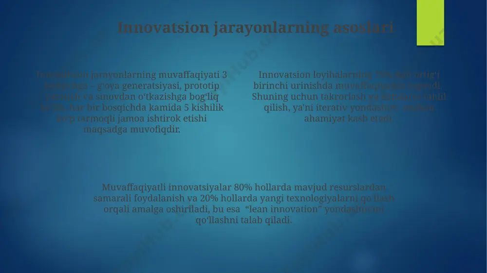 tirokini ta'minlab, bilimlarni 3 baravar samarali o'zlashtirishga yordam beradi. o'quv jarayonida interfaol doskalar va dasturlarni qo'llash, an'anaviy usullarga nisbatan, o'quvchilarning bilim olishga bo'lgan qiziqishini 25% ga oshiradi va muvaffaqiyat darajasini yaxshilaydi. interfaol o'quv uslublaridan foydalanish, o'quvchilarning mustaqil fikrlash qobiliyatini rivojlantirishga yordam beradi va muammolarni hal qilish strategiyasini 40% ga yaxshilashga olib keladi. onlayn baholash va monitoring онлайн баҳолашда 5 баллик шкаладан фойдаланиш, ўқувчиларнинг 30%ининг натижаларини таҳлил қилиш ва уларнинг ўртача баҳосини аниқлаш имконини беради. онлайн мониторинг тизими, 100 тадан ортиқ ўқувчининг фаоллигини кузатиш ва уларнинг дарсдаги иштирокини реал вақт режимида баҳолашга имкон яратади. онлайн тестлар орқали 20 тадан ортиқ саволни тезкор тарзда текшириш ва натижаларни автоматик равишда жамлаш мумкин, бу эса вақтни 50%га тежайди. innovatsion loyihalarni amalga oshirish loyiha jamoasining 3 dan ortiq a’zosi bo‘lishi, turli ko‘nikmalarga ega bo‘lgan mutaxassislarni jalb qilish, innovatsiyalarni rivojlantirishga ijobiy ta’sir ko‘rsatadi. innovatsion loyihalarni amalga oshirish jarayonida 5 bosqichli modelni qo‘llash samaradorlikni 20% ga oshirishi …