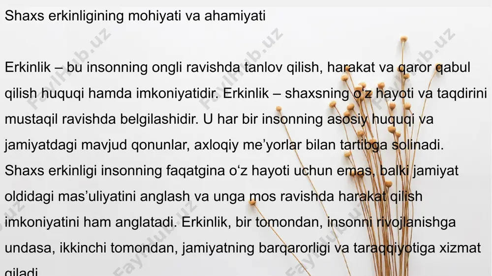 nload this title here welcome to download this welcome to download this title here mas'uliyat va uning jamiyat barqarorligidagi o‘rni mas'uliyat — bu shaxsning o‘z harakatlari va qarorlari uchun javob berishi, jamiyat oldidagi burchini tushunishidir. erkinlik mas'uliyat bilan uyg‘unlashmasa, jamiyatda tartibsizlik va ijtimoiy muammolar yuzaga keladi. shu sababli, jamiyat taraqqiyotining asosi bo‘lgan tartib, qonun ustuvorligi va ijtimoiy birdamlik mas'uliyatli fuqarolar tomonidan ta’minlanadi. 1. ijtimoiy mas’uliyat bu insonning jamiyat oldidagi burchi va javobgarligidir. ijtimoiy mas’uliyat shaxsning o‘z atrofidagi insonlarga, jamiyatning rivojlanishi va barqarorligiga nisbatan mas’uliyatli bo‘lishini anglatadi. misol uchun: bir korxona atrof-muhitni muhofaza qilishga e’tibor berib, chiqindilarni to‘g‘ri utilizatsiya qilsa yoki ijtimoiy loyihalarda ishtirok etib, kam ta’minlangan oilalarga yordam bersa – bu ijtimoiy mas’uliyatning namunasidir. 2. ma’naviy mas’uliyat bu insonning o‘z vijdoni va ichki qadriyatlariga nisbatan javobgarligidir. shaxs o‘z xatti-harakatlarini axloqiy mezonlar asosida baholab, halol va adolatli bo‘lishga intiladi. misol uchun: yolg‘on gapirish yoki firibgarlik qilish imkoniyati bo‘lsa ham, halol qolish. …