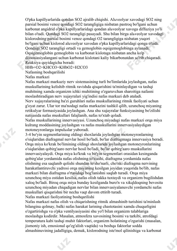 ab qoladi. nafas muskullarining innervasiyasi. uzunchoq miyadagi nafas markazi orqa miya kulrang moddasining joylashgan va nafas muskullarini innervasiyalaydigan motoneyronlarga impulьslar yuboradi. 3-4 bo'yin segmentlarining oldingi shoxlarida joylashgan motoneyronlarning o'siqlaridan diafragmal nervlar hosil bo'ladi, bo'lar diafragmaga innervasiya beradi. orqa miya ko'krak bo'limining oldingi shoxlarida joylashgan motoneyronlarining o'siqlaridan qobirg'aaro nervlar hosil bo'ladi, bo'lar qobirg'aaro muskullarini innervasiyalaydi. orqa miya ko'krak va bo'yin segmentlari orasidan kesinganda qobirg'alar yordamida nafas olishning to'xtashi, diafragma yordamida nafas olishning esa saqlanib qolishi shundan to'sho'narli, cho'nki diafragma nervining harakatlantiruvchi yadrosi orqa miyaning kesilgan joyidan yuqorida bo'lib, nafas markazi bilan diafragma o'rtasidagi bog'lanishni saqlab turadi. orqa miya uzunchoq miya ostidan kesilsa, nafas olish takka tuxtaydi va organizm bugilishdan xaloq bo'ladi. biroq orqa miya bunday kesilganda buro'n va xikqldoqning bevosita uzunchoq miyadan chiqadigan nervlar bilan innervasiyalanuvchi yordamchi nafas muskullari qisqarishni bir necha vaqt davom ettirib turadi. nafas markazi faoliyatining boshqarilishi nafas markazi nafas olish va chiqarishning ritmik almashinib turishini ta'minlash bilangina …