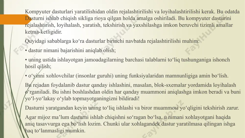 so`zlar haqiqiy hayotdagi aksariyat maʼlumotlar (kompyuterdagi emas) analogli maʼlumot hisoblanadi. bu har qanday shaklda aks etuvchi har qanday qiymat, masalan, tovush yoki tasvirlar boʻlishi mumkin. kompyuter tushunishi uchun bunday maʼlumotlar oʻzgartirilishi kerak. kompyuter faqat raqamli maʼlumotlarni tushunadi. bu 1 va 0 raqamlaridir. kompyuterga maʼlumot kiritishni xohlasangiz, u 1 va 0 ga aylantirilishi kerak. buni har qanday turdagi maʼlumot, masalan, harflar, raqamlar, tovush va tasvirlar bilan amalga oshirish mumkin. bu – maʼlumot toʻplashdir. ushbu tasvirning yuqorisida analog tovush toʻlqini koʻrsatilgan bo‘lib, u katta qiymatlar oralig‘iga ega. shuningdek, quyi qismida ma’lumotlari 1 va 0 shaklida shifrlangan raqamli toʻlqin tasvirlangan. raqamli tovush toʻlqini analog tovush toʻlqiniga oʻxshamaydi. ma’lumot kiritish va natijani chiqarishning maxsus shakli teskari aloqa deb ataladi. bu jarayonning natijasini boshqa jarayonga kiritish boʻladi. bularning barchasi avtomatik ishga tushadi va yaratilgan maʼlumot keyin nima sodir boʻlishiga qarab oʻzgaradi kalit soʻzlar e`tiboringiz uchun rahmat image1.png image2.png image3.png image4.png image5.png image6.png image7.png image8.png image9.png …