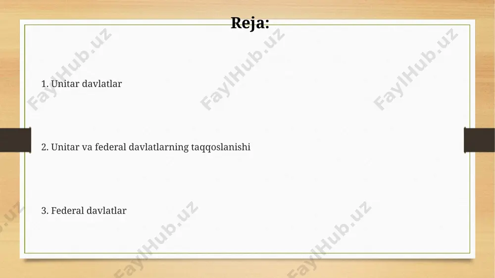 ada bo'ladi. unitar davlatlarda, misol uchun, fransiyada, regionlar va departamentlarga berilgan vakolatlar chegaralangan bo'lib, ularning mustaqil qaror qabul qilish imkoniyatlari cheklangan, asosiy ijroiya hokimiyati esa markazlashgan. federal davlatlarning ta'rifi federal davlatlar, masalan, aqsh yoki kanada kabi, 2 yoki undan ortiq hududiy birliklarga bo'lingan bo'lib, har bir birlikka ma'lum darajada avtonomiya beriladi va ularning o'z konstitutsiyalari yoki qonunlari bo'lishi mumkin. federal tuzumda markaziy hukumat va mintaqaviy hukumatlar o'rtasida hokimiyat taqsimoti aniq belgilanadi, masalan, soliqqa tortish huquqi kabi masalalar bo'yicha. avstraliya, 6 ta shtat va 2 ta hududdan iborat bo'lib, bunday tizimning yorqin namunasidir. federal davlatlarning asosiy xususiyati – bu konstitutsiyaviy huquqiy hujjatlarda aniq belgilangan, markaziy va mintaqaviy hokimiyat organlari o'rtasidagi hokimiyatning taqsimlanishi bo'lib, bu esa masalan, germaniya federativ respublikasi misolida yaqqol ko'rinadi. sud hokimiyati: federal davlatlarda federal davlatlar, masalan, aqshning 50 ta shtati o'zining ichki ishlarini boshqarishda katta mustaqillikka ega bo'lib, federal hukumat esa tashqi siyosat, mudofaa va valyuta siyosati kabi …