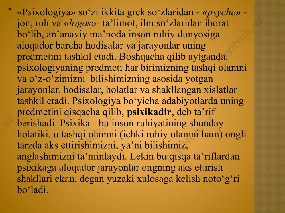 onlari, taʼlim jarayonini boshqarishning psixologik tamoyillari va boshqa oʻrganiladi. hozirgi zamon taʼlim psixologiyasida oʻquvchilarga doimiy yangilanib turadigan axborotlarni mustaqil oʻzlashtirish imko-niyatini beradigan, ilmiy-texnika yangiliklaridan orqada qolmaslikni taʼminlaydigan tafakkur sifatlarini oʻrganish muhim masaladir. tarbiya psixol o giyasining asosiy vazifasi — maktabdagi tarbiyaviy ishlar jarayonida shaxsning shakllanishi masalasini ishlab chiqish. unda shaxsning axloqiy sifatlarining shakllanishiga alohida ahamiyat beriladi. pedagogik psixologiya tadqiqotlari oʻquv materiali mazmunini tanlash, oʻquv dasturlari, darsliklar tuzish, taʼlimning har xil bosqichlarida oʻqitish metodlari tizimini tashkil qilishda muhim ahamiyatga ega. ta’lim-tarbiyaning shaxsni kamol toptirish ishiga bog‘liqligi milliy g‘oyani shakllantiruvchi, takomillashtiruvchi va uni ommaga yetkazuvchi kuchlarga bog‘liqdir. pedagogik - psixologiya fani ham jahon fani taraqqiyoti hamda va uning takomillashib borish jarayonini, fanga kirib kelishi kutilgan yangiliklarni yanada aks ettiradi, albatta. bu asosiy vazifa sifatida ilk bor qonuniy asoslarga ega bo‘lmoqda va pedagogik psixologiya fani oldiga muhim nazariy vazifalarni hal qilish qo‘yilmoqda. e’tiboringiz uchun rahmat. image2.jpeg image3.jpeg image4.jpeg image5.jpeg image6.jpeg image7.jpeg image8.jpeg image9.jpeg …