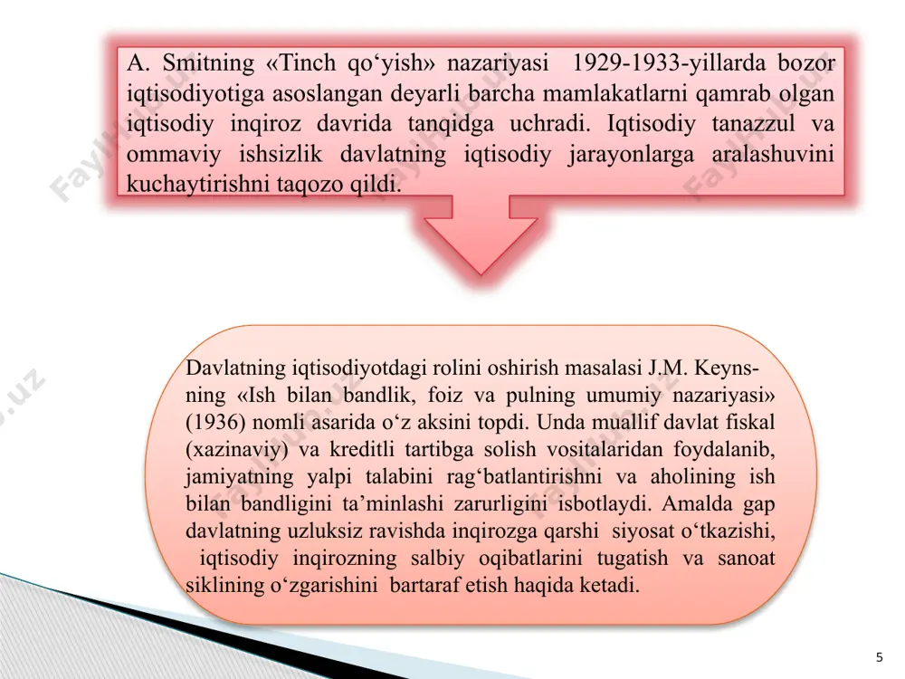 h va majbur qilish xususiyatidagi tad­birlarni o‘z ichiga oladi. tartibga solishning ma’muriy vositalaridan foydalanilganda yaxlit takror ishlab chiqarish jarayoni yoki uning alohida tomonlarini to‘g‘ridan-to‘g‘ri tartibga solish ko‘zda tutiladi. 6.3. davlatning iqtisodiyotga ta’sir qilish usullari va vositalari davlatning milliy iqtisodiyotni tartibga solish usullari bevosita ta’sir qilish usullari; bilvosita ta’sir qilish usullari; tashqi iqtisodiy usullar. 15 davlatning iqtisodiyotga bevosita ta’sir qilish usullari 1. iqtisodiyotning ayrim bo‘g‘inlari - transport, aloqa, atom va elektr energetikasi, kommunal xizmat va boshqa sohalarni bevosita boshqarish. bunda davlat mulk sohibi va tadbirkor sifatida o‘ziga qarashli korxona va tashkilotlarning iqtisodiy hayotida faol qat­nashadi. 2. narxlar va ish haqini «muzlatib» qo‘yish siyosati. bu iqtisodi­yotni tartibga solishning inflyatsiyaga qarshi tadbirlari hisoblanib, inflyatsiyani yumshatishga qaratiladi. 3. ish bilan bandlik xizmati (mehnat birjalari) faoliyatini tashkil qilish. davlat bu faoliyatni tashkil qilish bilan ishsizlikni qisqartirish choralarini ko‘radi. ularni zarur kasblarga qayta tayyorlaydi, ish bilan ta’minlanmaganlarga nafaqa beradi, muhtojlarga yordam ko‘rsatadi. 4. iqtisodiy sohani tartibga …