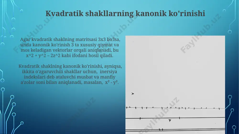 alari ikki chiziqli shaklning matritsasi simmetrik bo'lsa, u holda uning koeffitsiyentlari a ij = a ji tenglamasini qanoatlantiradi va bu shaklning xossalarini soddalashtiradi. ikki o'zgaruvchili ikki chiziqli shaklning grafik tasviri giperbola, ellips yoki parabolani ifodalashi mumkin, bu esa shaklning 2-tartibli egri chiziqlar bilan bog'liqligini ko'rsatadi. kvadratik shakllar ta'rifi kvadratik shakllarni matritsa yordamida ifodalash mumkin, bunda koeffitsiyentlar simmetrik matritsaning elementlari sifatida qaraladi, 3 o'zgaruvchili shakl 3x3 matritsa bilan ifodalanishi mumkin. kvadratik shakl ikkinchi darajali bir nechta o'zgaruvchilarning chiziqli birikmasining kvadratidir, masalan, ax²+bxy+cy² ko'rinishidagi ifoda 2 o'zgaruvchili kvadrat shakl hisoblanadi. kvadratik shakllarning matritsasi 3 oʻzgaruvchili kvadrat shaklning matritsasi 3x3 oʻlchamli boʻlib, 6 ta mustaqil koeffitsiyentga ega, chunki diagonal boʻlmagan elementlar simmetriya tufayli bir-biriga teng. kvadratik shaklning matritsasi simmetrik boʻlib, uning elementlari kvadrat shaklning koeffitsiyentlaridan hosil boʻladi, yaʼni 2x2 matritsa uchun a11, a12=a21, a22 elementlari mavjud. e'tiboringiz uchun rahmat @taqdimot_robot image3.jpg image4.jpg image5.jpg image6.jpg image7.jpg image8.jpg image9.jpg image10.jpg image11.jpg image12.jpg image13.jpg image14.jpg image2.png