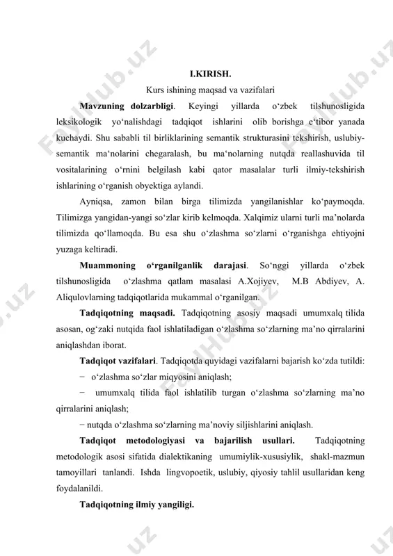 z tilimizga o‘zining shakli va ma’nosi bilan kirib kelishi kuzatiladi. masalan bar, film, lider. ko‘pchilik kishilar hech qanday o‘zgarishsiz, qo‘shimchalarsiz o‘zlashma so‘zlarni yaxshi tanishadi: bar, film, lider, chunki bunday so‘zlar o‘zbek tilidagi so‘zlarning funksiyasini bajaradi, ba’zi bir insonlar esa aksincha qo‘shimcha olgan, o‘zgarishlarga uchragan o‘zlashma so‘zlarni bilishmaydi. masalan, ayrim so‘zlarning ingliz yoki fransuz tilidan kirib kelganini qancha so‘zlashuvchi biladi? ba’zi bir o‘zlashma so‘zlar o‘zlarining asl shaklida yoki ularga to‘g‘ri keladigan shaklda ifodalanadi: misol qilib fransuz tilidagi bojole, jilet, palto, ingliz tilidagi punch va ponce, roastbeef va rosbif (yoki rosbiffe) larni aytib o‘tishimiz mumkin. o‘zlashma so‘zlarning aksariyati bu tarjima qilingan so‘zlardir. bunday so‘zlarning ikki asosiy turlari mavjud bo‘lib, ular quyidagilardir: semantik, ya’ni ma’no jihatdan tarjima qilingan so‘zlardir. chet tilidan kirib kelgan so‘zning ma’nosi va shakli jihatdan o‘zbek tiliga tog‘ri kelishi va qo‘llanilishida ko‘rishimiz mumkin. masalan, confort (uy xizmatlari) ingliz tilida comforts kabi ifodalanadi. yoki o‘zbek tilidagi autoritar so‘zi bir necha yil …
