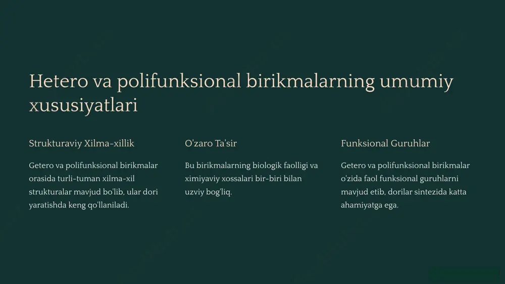 izlanilmoqda. 3 klinik sinovlar sintez qilingan dorilarning mahalliy sharoitlarda samaradorligini baholash uchun klinik tekshiruvlar olib borilmoqda. 9 xulosa va tavsiyalar getero va polifunksional birikmalar asosida yangi dori vositalarini yaratish bugungi kunda tibbiy kimyo sohasida eng dolzarb yo'nalishlardan biri hisoblanadi. bu birikmalarning molekulyar murakkabligi, biologik faolligi va selektivligi kabi xususiyatlari ularning dori vositalarini loyihalash va sintezida katta ahamiyatga ega. ushbu yo'nalish xalqaro amaliyotda ham rivojlanib kelayotgan bo'lsa, mamlakatimizda ham bu borada izlanishlar olib borilmoqda. 10 image1.png image2.png image3.png image4.png image5.png image6.png image7.png image8.png image9.png image10.png image11.png image12.png image13.png image14.png image15.png image16.png image17.png