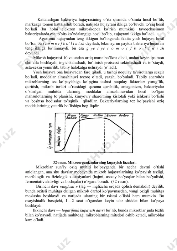 ing o‘sishi va ko‘payishiga zararli ta’sir etib qisman nobud bo‘lishga olib keladi. ba’zan susaytiradi. bakteriya hujayrasi ozits va temperatura sharoitlari qulay bo’lsa, zararli ta’sirotlar bo’lmasa ular juda tez — bir necha miput ichida o’sadi, so’ngra ko’paya boshlaydi. bakteriyalar ma’lum darajada katta bo’lishi bilan kupayish protsessi boshlanadi. bakteriyalar oddiy bo’linish yo’li bilan ko’payadi. lekin so’nggi ma’lumotlarga qaraganda, bakteriyalar achitqilarga o’xshash kurtaklanish yo’li bilan ham ko’payishi anitslangan. bakteriya hujayrasi ozkqli sharoit yetarli bo’lsa va tsulay temperaturada har 20—30 minutda bo’liiadp. olimlarning hisobiga ko’ra bakteriyalarning ko’payishga hech narsa qarshilik ko’rsatmasa, ular besh sutkada barcha dengiz, okeanlarni va 30 soatda yer yuzini to’ldira oladigan tirik massa hosil qilgan bo’lur edi. kattalashgan bakteriya hujayrasining o’rta qismida o’simta hosil bo’lib, markazga tomon kattalashib boradi, natijada hujayrani ikkiga bo’luvchi to’siq hosil bo’ladi (bu holni elektron mikroskopda ko’rish mumkin); tayoqchasimon bakteriyalarda esa to’sits ko’ndalangiga hosil bo’lib, xujayrani ikkiga bo’ladi. agar ona hujayradan teng ikkigan bo’linganda ikkita yosh hujayra …