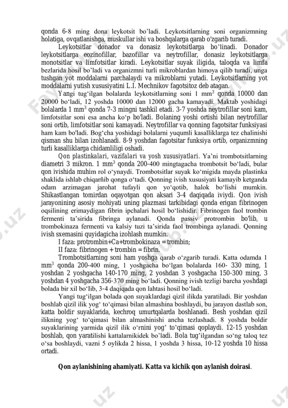 lar ikki tomoni botiq ellips shaklidagi yadrosiz hujayralardir. ularning diametri 7-8 mkm ga, qalinligi 2,52 mkm ga teng, erkaklarda 1 mm3 qonda 4,5-5 mln, ayollarda 4-4,5 mln dona eritrotsit bo’ladi. inson organizmida taxminan 25 trillion eritrotsit bo’lib, har sutkada o’lgan eritrotsitlar o'rniga ko‘mikdan taxminan 300 milhard yangi eritrotsit hosil bo’ladi. eritrotsitlar hayoti 30-120 kun gacha davom etadi. eritrotsitlar qizil ilikda yetiladi. ularning ko‘pchiligini (85-90%) qonga rang beruvchi gemoglobin tashkil etadi. 100 g qonda o‘rta hisobda 16,6-17 g gemoglobin bor. eritrotsitlar tarkibidagi gemoglobin o‘pkadan kislorod biriktirib olib, organizmning hujayra va to‘qimalariga yetkazib beradi. gemoglobin gem va oqsil - globindan tashkil topgan bo’lib, gem qismida fe++ saqlanadi. eritrotsitlar soni yoki ulardagi gemoglobin miqdorining kamayib ketishiga kamqonlik deb ataladi. eritrotsitlar eng muhim bufer rolini o'ynaydi, qonning faol reaksiyasini saqlaydi. ular suv almashinuvidagi, oqsillar, yoglar, uglevodlar parchalanishidagi fermentativ jarayonlarda ishtirok etadi. yangi tug‘ilgan bolada eritrotsitlar ko‘p bo'lganidan qonning yopishqoqligi 10-11 bo‘lib, ikki yoshda 6 …