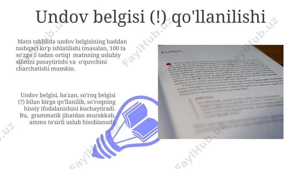 an, 3 ta yoki undan ortiq gap bo‘lishi mumkin. ro‘yxatlar ichida, ayniqsa, ro‘yxat elementlari o‘zlari murakkab tuzilishga ega bo‘lsa, nuqtali vergul qo‘llanilishi mumkin; masalan, 5 ta elementdan iborat ro‘yxatda har bir element 2-3 qismdan tashkil topgan bo‘lsa. suroq belgisi (?) qo'llanilishi to'g'ri va noto'g'ri savollarni ajratishda suriq belgisi (?) asosiy belgilar hisoblanadi. masalan, "qachon?", "nima?", "kim?" kabi toʻgʻri tuzilgan savollarga qoʻyiladi. suroq belgisi (?) toʻgʻri qoʻllanilishi jumlaning maʼnosini aniqlashtirishda muhim rol oʻynaydi, jumlada 1 dan ortiq suroq mavjud boʻlsa ham, har bir suroqdan keyin faqat bittadan suriq belgisi qo'yiladi. defis (-) va tire (—) qo'llanilishi defis va tire grammatik funksiyalari jihatidan farqlanadi: defis – so'zlarni birlashtirish, tire – gap tuzilmasini aniqlashtirish va uzunroq pauzani ifodalash uchun xizmat qiladi. tire (—) esa gap ichida qo'shimcha izohlar, qavslar ichidagi tushuntirishlar yoki uzunroq pauzani bildirish uchun ishlatiladi. uning uzunligi defisdan ancha uzunroq bo'ladi. nuqta (.) qo'llanilishi 01 02 nuqta (.) jumlaning oxirida qo'llaniladi …