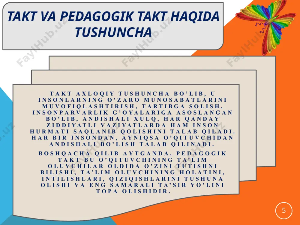 hisoblanadi o‘qituvchi pedagogik nazokat talablariga amal qilib, o‘zida muloqotning erkin demokratik asosini shakllantiradi sinf jamoasida ongli intizomni vujudga keltiradi; o‘quvchilar bilan haqiqiy muloqot madaniyatiga erishadi o‘qituvchi sinfda yakka (avtoritar) hukmronlikdan, erkin muloqotga o‘tib, demokratik prinsiplar asosida pedagogik o‘quvchilarni ongli ravishda tartib-intizomga muloqot asosida o‘rgatadi 20 pedagogikada axloq va odobning muhim xususiyatlaridan biri bo‘lmish dilkashlik insonning atrofdagi odamlar bilan barqaror, yaqin munosabatda bo‘lishga intilishi deb ta’riflanadi. o‘qituvchi nazokatida dilkashlik va pedagogik takt 21 psixologlar o‘qituvchilarning dilkashlik xususiyati ikki toifadagi odamlar xarakterida mujassamlashgan deb ta’kidlaydilar birinchisi, ekstravert shaxslar: ular barcha ishlarda faol, jiddiy va vazmin, osoyishtalikka va tashqi ta’sirchanlikka moyil kishilardir. ikkinchisi, introvert shaxslar: ular faqat o‘z ichki olamiga beriluvchan, atrofidagi odamlarga aralashmaydigan, o‘z-o‘zini nazorat qilishga, doimo ichki xavotirga moyil kishilardir. 22 o‘qituvchining dilkashligi – uchta tarkibiy qismni birlashtiruvchi jarayondir muloqotda zaruriyatning mavjudligi muloqotdan keyin, muloqot paytida, muloqotgacha yaxshi kayfiyat kommunikativ ko‘nikma va malakalarga ega bo‘lish 23 rus olimi a.v.mudrik o‘z ilmiy …