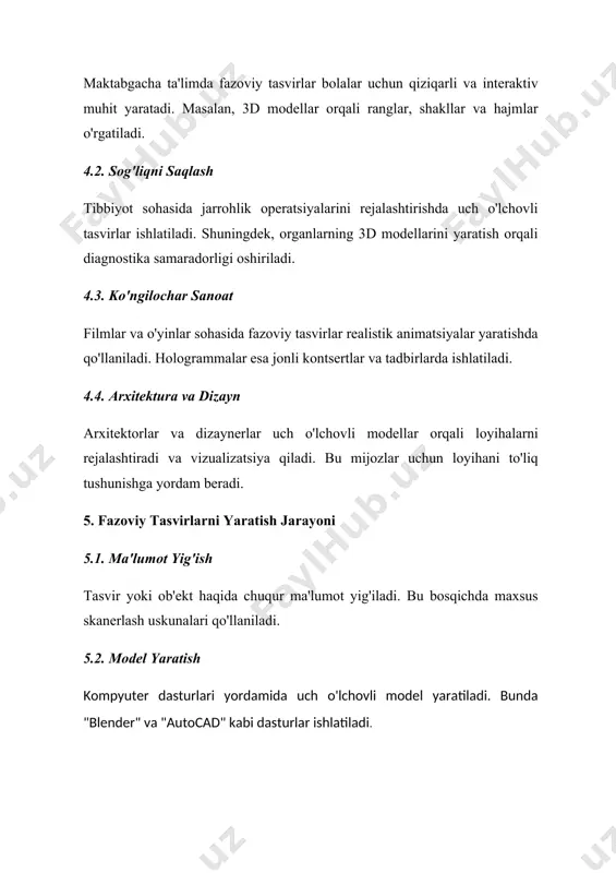 ’tiborini bir joyda ushlab turadi. dasturiy ta'minot va vositalar 1. vr va ar texnologiyalari: bolalarga virtual muhitlarni kashf qilish imkonini beradi. 2. interaktiv ekranlar: masalan, aqlli doskalar bolalarga uch o‘lchamli modellar bilan ishlashni o‘rgatadi. 3. 3d printerlar: ular yordamida bolalar real o‘yinchoqlar yoki o‘quv materiallarini yaratishi mumkin. maktabgacha ta’limda foydalanish usullari 1. jonli mashg‘ulotlar: bolalar maxsus 3d ko‘zoynaklardan foydalanib, tasvirlarni real hayotga yaqin ko‘rinishda kuzatadilar. 2. hodisalarni o‘rganish: masalan, 3d orqali quyosh sistemasini yoki inson tanasi tuzilishini o‘rganish. 3. hikoyalarni vizualizatsiya qilish: bolalarga hikoyalar maxsus 3d animatsiyalar bilan tushuntiriladi. kelajakdagi imkoniyatlar 1. 3d o‘quv materiallari: har bir bola uchun shaxsiy fazoviy ta’lim vositalarini ishlab chiqish. 2. holografik o‘yinlar: bolalar haqiqiy interaktiv fazoviy o‘yinlardan foydalana oladilar. 3. innovatsion ta’lim dasturlari: bolalarning qiziqishini oshirish uchun yangi formatdagi 3d o‘quv dasturlari yaratiladi. xulosa fazoviy tasvirlar texnologiyasi zamonaviy dunyoda juda muhim o'rinni egallab kelmoqda. uning ta'limdan tortib, sog'liqni saqlashgacha bo'lgan keng sohalarda qo'llanilishi inson …