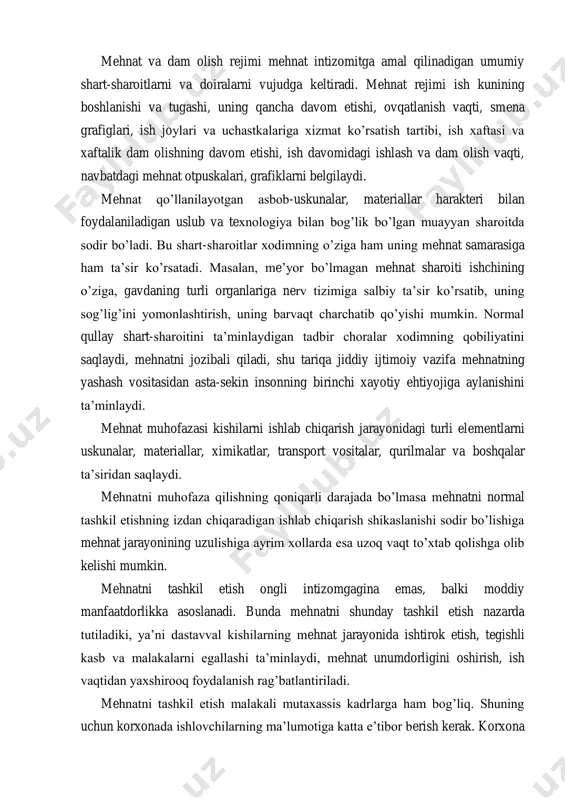 a tufayli mehnatni samarali tashkil etishning ob‘ektiv va zarur sharti bo‘lgan intizom ham muhim ahamiyatga ega. mehnat va dam olish rejimi mehnat intizomitga amal qilinadigan umumiy shart-sharoitlarni va doiralarni vujudga keltiradi. mehnat rejimi ish kunining boshlanishi va tugashi, uning qancha davom etishi, ovqatlanish vaqti, smena grafiglari, ish joylari va uchastkalariga xizmat ko‘rsatish tartibi, ish xaftasi va xaftalik dam olishning davom etishi, ish davomidagi ishlash va dam olish vaqti, navbatdagi mehnat otpuskalari, grafiklarni belgilaydi. mehnat qo‘llanilayotgan asbob-uskunalar, materiallar harakteri bilan foydalaniladigan uslub va texnologiya bilan bog‘lik bo‘lgan muayyan sharoitda sodir bo‘ladi. bu shart-sharoitlar xodimning o‘ziga ham uning mehnat samarasiga ham ta‘sir ko‘rsatadi. masalan, me‘yor bo‘lmagan mehnat sharoiti ishchining o‘ziga, gavdaning turli organlariga nerv tizimiga salbiy ta‘sir ko‘rsatib, uning sog‘lig‘ini yomonlashtirish, uning barvaqt charchatib qo‘yishi mumkin. normal qullay shart-sharoitini ta‘minlaydigan tadbir choralar xodimning qobiliyatini saqlaydi, mehnatni jozibali qiladi, shu tariqa jiddiy ijtimoiy vazifa mehnatning yashash vositasidan asta-sekin insonning birinchi xayotiy ehtiyojiga aylanishini …