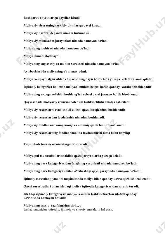 ndlar nimaning asosiy va umumiy qismi bo‘lib xisoblanadi: moliyaviy resurslarning fondlar shaklida foydalanilishi nima bilan bog‘liq: taqsimlash funksiyasi nimalarga ta’sir etadi: moliya pul munosabatlari shaklida qaysi jarayonlarda yuzaga keladi: moliyaning narx kategoriyasidan farqining xususiyati nimada namoyon bo‘ladi: moliyaning narx kategoriyasi bilan o‘xshashligi qaysi jarayonda namoyon bo‘ladi: ijtimoiy maxsulot qiymatini taqsimlashda moliya bilan qanday ko‘rsatgich ishtirok etadi: qaysi xususiyatlari bilan ish haqi moliya iqtisodiy kategoriyasidan ajralib turadi: ish haqi iqtisodiy kategoriyasi moliya resursini tashkil etuvchisi sifatida qanday ko‘rinishda namoyon bo‘ladi: moliyaning asosiy vazifalaridan biri ... : davlat tomonidan iqtisodiy, ijtimoiy va siyosiy masalarni hal etish. moliya qaysi iqtisodiy kategoriyasiz amal qilmasligi mumkin: kengaytirilgan ishlab chiqarish fondlarini doiraviy aylanishi nimasiz amalga oshirilmaydi: eng avvalo qiymat taqsimoti qaerda yuzaga keladi: moliyaviy munosabatlar tizimi qanday sohalar (guruhlar) tarkibidan iborat: sohalar va bo‘g‘inlar o‘rtasidagi moliyaviy munosabatlarning o‘zaro bog‘liqligi qanday yagona tizimda o‘z ifodasini topadi: korxona, tashkilot(muassasa)lar moliyasi tarkibiga qanday bo‘g‘inlarni kiritish mumkin: tijorat asosida amal …