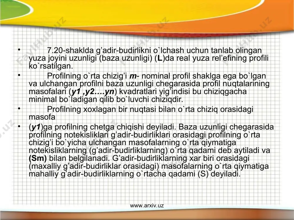 7.21-7.22-shakllar). yuza notekisliklari yo’nalishining sxemalari va shartli belgilari 7.2-jadvalda berilgan. yuza notekisligi yunalishining shartli belgisini balandligi taxminan h ga, chizig’ining yo`g’onligi taxminan asosiy tutash chiziq yo’g’onligining yarmiga teng bo`ladi. yuzalarning g’adir-budirlik darajasi ko`p hollarda bitta parametr ra yoki rz orqali aniqlanadi (7.3-jadval). ra va rz ning kattaligini aniqlash uchun profilagraf va profilometr nomli maxsus asboblardan foydalaniladi. www.arxiv.uz www.arxiv.uz www.arxiv.uz www.arxiv.uz notekisliklar yunalishi kerak bo`lganda, g’adir-budirliklarning shartli belgisida ko`rsatiladi (7.21-7.22-shakllar). yuza notekisliklari yo’nalishining sxemalari va shartli belgilari 7.2-jadvalda berilgan. yuza notekisligi yunalishining shartli belgisini balandligi taxminan h ga, chizig’ining yo`g’onligi taxminan asosiy tutash chiziq yo’g’onligining yarmiga teng bo`ladi. yuzalarning g’adir-budirlik darajasi ko`p hollarda bitta parametr ra yoki rz orqali aniqlanadi (7.3-jadval). ra va rz ning kattaligini aniqlash uchun profilagraf va profilometr nomli maxsus asboblardan foydalaniladi. sirt shaklining chetga chiqishi yuzalarning g’adir-budirligi sifatida qaralmaydi. real sirtning ideal sirtdan geometrik chetga chiqishi doim mikrometrlarda tashqi kurinishda aks etadi, g’adir-budirlik esa unda mikrorelef hosil …