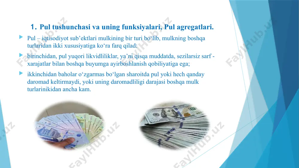pozitlar + chekli omonatlar + yo‘l cheklari; m2 = m1 + muddatli depozitlar + jamg’arma depozitlari; m3 = m2 + depozit sertifikatlari + jamg’arma sertifikatlari + davlatning qimmatli qog’ozlari. makroiqtisodiy tahlilda m1 va m2 pul agregatlari eng ko‘p foydalaniladi. pul agregatlarining dinamikasi turli sabablarga bog‘liq. masalan, daromadlarning oshishi natijasida m1ga talab tezroq o‘ssa, foiz stavkasining o‘sishi natijasida m2 va m3ga talab m1ga nisbatan tezroq o‘sadi. pulga talabning klassik nazariyasi. pulning miqdoriy nazariyasi pulga bo‘lgan talabni almashinuv tenglamasi yordamida aniqlaydi: m · v = p · y bu yerda: m – muomaladagi pul miqdori; v – pulning aylanish tezligi; p – baholar darajasi (baho indeksi); y – real yaim. pulning aylanish tezligi, iqtisodiyotda bitimlar tarkibi nisbatan barqaror bo‘lganligi uchun ham doimiy kattalik deb qabul qilinadi. ammo bank tizimiga hisob-kitoblarni tezlashtiruvchi texnik vositalar joriy qilinishi natijasida u o‘zgarishi mumkin. v doimiy bo‘lgan sharoitda almashtirish tenglamasi quyidagicha bo‘ladi: p · y – nominal …
