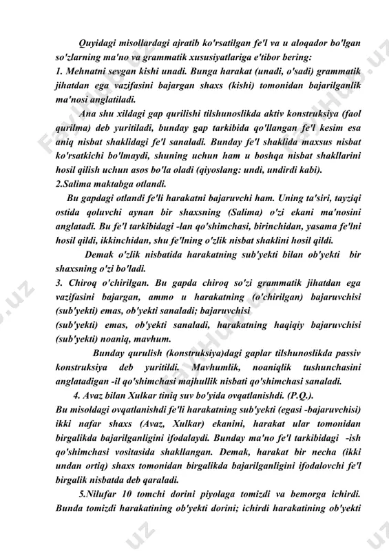 k nisbati qo'shimchasi sanaladi. 4. avaz bilan xulkar tiniq suv bo'yida ovqatlanishdi. (p.q.). bu misoldagi ovqatlanishdi fe'li harakatning sub'yekti (egasi -bajaruvchisi) ikki nafar shaxs (avaz, xulkar) ekanini, harakat ular tomonidan birgalikda bajarilganligini ifodalaydi. bunday ma'no fe'l tarkibidagi -ish qo'shimchasi vositasida shakllangan. demak, harakat bir necha (ikki undan ortiq) shaxs tomonidan birgalikda bajarilganligini ifodalovchi fe'l birgalik nisbatda deb qaraladi. 5.nilufar 10 tomchi dorini piyolaga tomizdi va bemorga ichirdi. bunda tomizdi harakatining ob'yekti dorini; ichirdi harakatining ob'yekti vasub'yekti bemorga bo'lib, ular grammatik sub'yekt -ega (nilufar) vositasida, uning ta'siri, aralashuvi yordami bilan amalga oshganlik tushunchasi berilgan. bunday tushuncha tomizdi fe'li tarkibidagi -iz; ichirdi fe'li tarkibidagi -ir qo'shimchalari orqali ifodalangan. bu qo'shimchalar orttirma nisbat qo'shimchalari sanaladi. demak, fe'lda 5 xil nisbat bo'lib, aniq nisbatda maxsus nisbat shaklini hosil qiluvchi qo'shimcha bo'lmaydi. o'zlik nisbati fe'l o'zak - negiziga asosan, -i, -in (o'ra -n, yuv in); -l, -il (surka-l, cho'm-il); -lan (jon-lan, shod-lan) qo'shimchalarini majhullik nisbati …