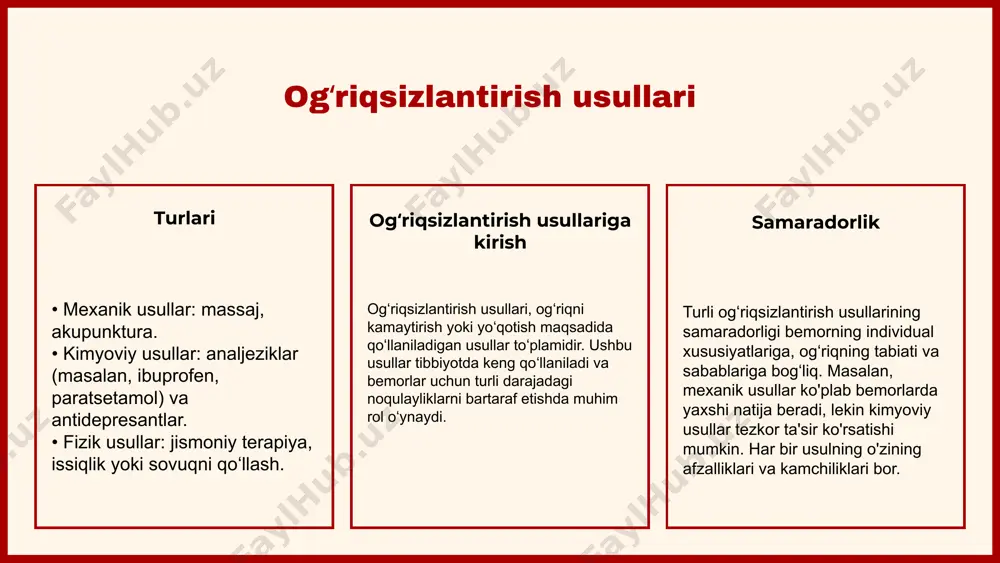 kin, lekin ularning yon ta'sirlari ham mavjud. jarrohlik usullari og'ir jarohatlar uchun samarali bo'lishi mumkin, ammo ularning tiklanish davri uzoq bo'lishi mumkin. fizioterapiya esa tiklanish jarayonini tezlashtiradi, lekin har doim ham tez natijalar bermaydi. davolashda e'tibor berilishi kerak bo'lgan omillar jarohatni davolashda yosh, umumiy sog'liq va jarohatning og'irligi kabi omillarni hisobga olish muhimdir. shuningdek, bemorning individual xususiyatlari va davolash usulining mosligi ham e'tiborga olinishi kerak. ogʻriqsizlantirish usullari bemorlarning hayot sifatini yaxshilaydi. tibbiyot mutaxassisi “ reabilitatsiya jarayoni: kirish reabilitatsiya jarayoni bemorlarning sogʻligini tiklashda muhim rol oʻynaydi, ayniqsa suyak sinishlari holatida. bu jarayon ogʻriqni kamaytirish va harakatlarni tiklash maqsadida maxsus mashqlar va terapiya usullarini o'z ichiga oladi. reabilitatsiya jarayoni bemorlarni ogʻriqdan qutqarish va ularning funksional qobiliyatini yaxshilashda kuchli vosita hisoblanadi. reabilitatsiya jarayonining bosqichlari tashxis va og‘riq darajasi suyak sinishida og‘riqni boshqarish jarayoni tashxis bilan boshlanadi. tashxis qo‘yishda bemorning og‘riq darajasi va simptomlari diqqat bilan o‘rganiladi. bu jarayon shifokorlar uchun bemorning og‘riq hislarini …