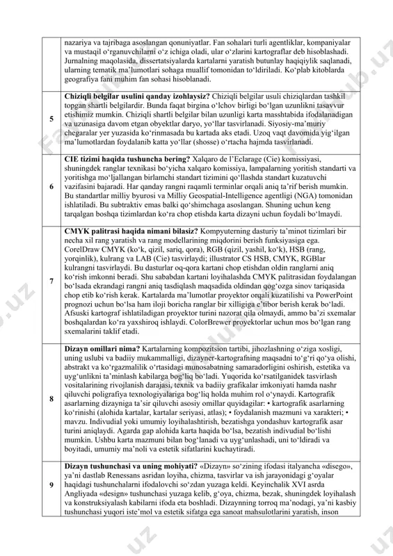 l raqamli qiymatlarni tasvirlash uchun qo‘llaniladi. turli shakldagi obyektlarni ko‘rsatish uchun bir xil rang berilishi ularning bir-biri bilan bog‘liqligini ko‘rsatishi mumkin. bir shakldagi ramzlarda turli ranglarning ishlatilishi ularni bir-biridan farqlashga yordam beradi, masalan yo‘nalishlar transport turlari uchun bir xil shaklga ega bo‘lgan chiziqli ramzlar bilan tasvirlansada turli rangda berilishi ularning turlarini ajratish imkonini beradi. nuqtalar kartada rangli tasvirlangan va har bir rangli nuqta turli mahsulot va ekinga misol bo‘ladi 3 asosiy proyeksiya turlari nechta va ular qaysilar? proyeksiya bu yerning sharsimon koordinata to‘rini tekislik yuzasiga o‘tkazish hisoblanadi. rasmiy ta’rifi bu tekislikda yer to‘rini tizimli va tartibli tasvirlashdir. konus kabi ba’zi shakllardan farqli o‘laroq, shar ma’lum buzilishlarsiz tekislanishi mumkin emas. proyeksiya karta nuqtalarining joylashuvini boshqalariga nisbatan e’tibor bilan boshqargani uchun u bir asos hisoblanadi. proyeksiya karta uchun baza hosil qiladi va shuning uchun u avvalo kartaning loyihalash bosqichlarida qaysi proyeksiya ishlatilishi haqida qaror qabul qilishda muhim. garchi faqatgina ayrimlari doimiy ishlatilsa …