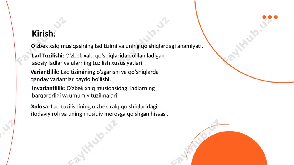 lashuv bilan ajralib turadi. ... t.me/slaydai_bot 4. o'zbek xalq ladlarining variantliligi o'zbek xalq ladlari turli variantlarga ega bo'lib, ular mintaqaviy, etnik va tarixiy omillar ta'sirida shakllangan. har bir viloyat va qishloqda ladlarning o'ziga xos variantlari mavjud. masalan, surxondaryo va qashqadaryo ladlari o'zining o'ziga xos qirralari bilan ajralib turadi. shu bilan birga, xorazm va farg'ona vodiysi ladlari ham o'ziga xos uslubiy jihatlari bilan farqlanadi. o'zbek ladlarining variantliligi ulardagi ritm, melodiya va maqomlarning o'zgarishi bilan ko'zga tashlanadi. bular xalq musiqasining boyligi va xilma-xilligini ko'rsatuvchi muhim omillardir. o'zbek xalq ladlari turli so'ngsiz imkoniyatlar va ijodiy shakllanish jarayonlari mazmunini o'zida saqlaydi. ... t.me/slaydai_bot o'zbek musiqasida qo'shiqlarda ishlatiladigan asboblar ichida doira, dutor, rubob, nay va tanbur alohida ajralib turadi. ushbu asboblar o'ziga xos tembr va tovushlari bilan tanilgan. ladlar bo'yicha o'zbek musiqasida maqomlar keng qo'llaniladi: buzruk, rost, navo, dugoh, segoh, iroq va chorgoh kabi maqomlar diatonik va pentatonik ladlardan tashkil topgan. har bir maqom turi …