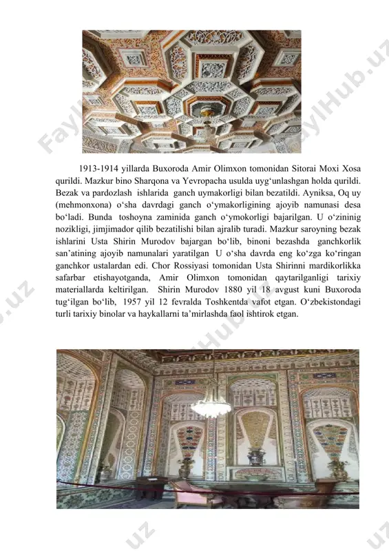 ning tarixiy shaxarlaridagi memoriy yodgorliklaridagi ganchkorlik namunalari joylarda bu san’atning o‘ziga xos uslublari, mustaqil maktablari shakllanganligini ko‘rsatadi. 1913-1914 yillarda buxoroda amir olimxon tomonidan sitorai moxi xosa qurildi. mazkur bino sharqona va yevropacha usulda uyg‘unlashgan holda qurildi. bezak va pardozlash ishlarida ganch uymakorligi bilan bezatildi. ayniksa, oq uy (mehmonxona) o‘sha davrdagi ganch o‘ymakorligining ajoyib namunasi desa bo‘ladi. bunda toshoyna zaminida ganch o‘ymokorligi bajarilgan. u o‘zininig nozikligi, jimjimador qilib bezatilishi bilan ajralib turadi. mazkur saroyning bezak ishlarini usta shirin murodov bajargan bo‘lib, binoni bezashda ganchkorlik san’atining ajoyib namunalari yaratilgan u o‘sha davrda eng ko‘zga ko‘ringan ganchkor ustalardan edi. chor rossiyasi tomonidan usta shirinni mardikorlikka safarbar etishayotganda, amir olimxon tomonidan qaytarilganligi tarixiy materiallarda keltirilgan. shirin murodov 1880 yil 18 avgust kuni buxoroda tug‘ilgan bo‘lib, 1957 yil 12 fevralda toshkentda vafot etgan. o‘zbekistondagi turli tarixiy binolar va haykallarni ta’mirlashda faol ishtirok etgan. o‘zbekiston me’morchiligiga katta xazina bulib qo‘shilgan qo‘qondagi xudoyorxon , xivadagi nurillaboy saroylari, …